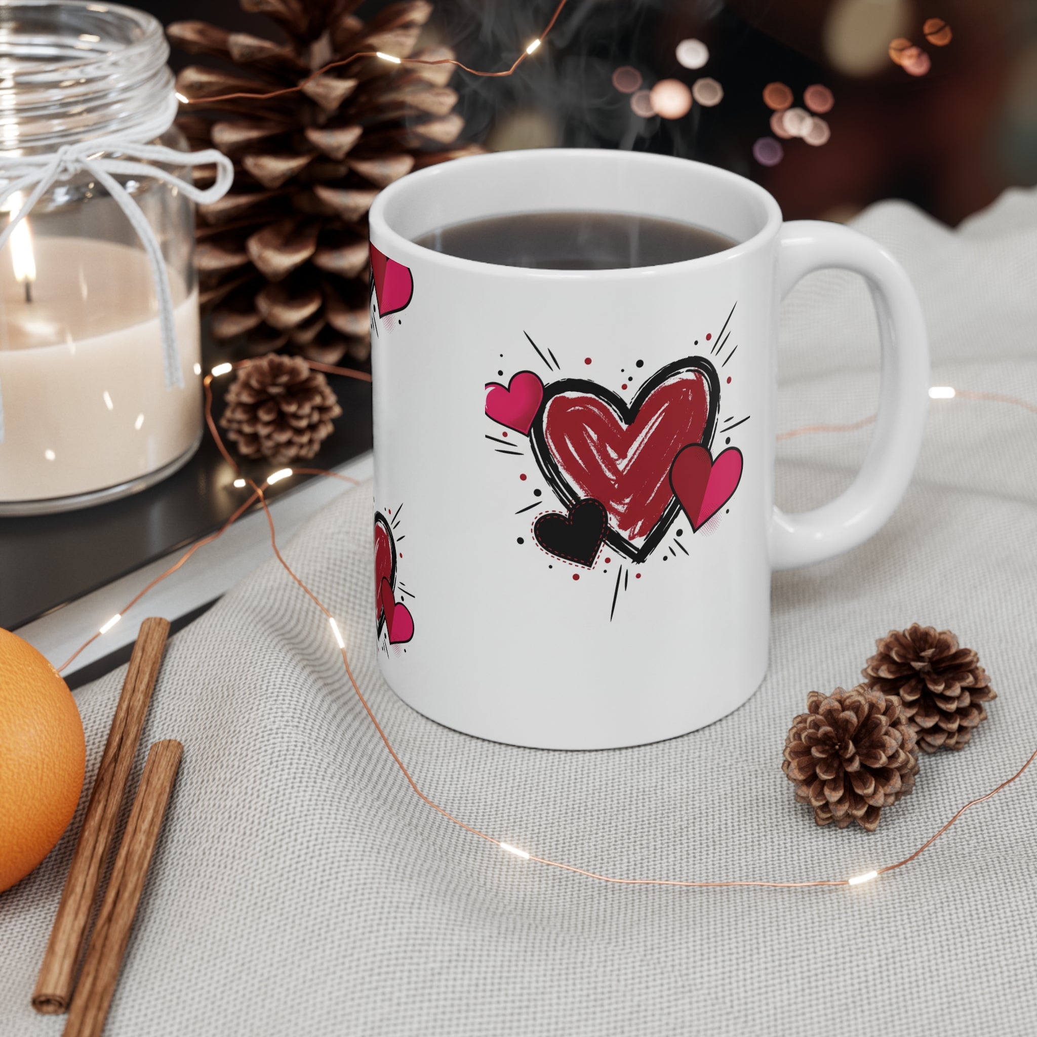Heart Doodle Ceramic Mug — Red & Pink Sketch Hearts Coffee Cup