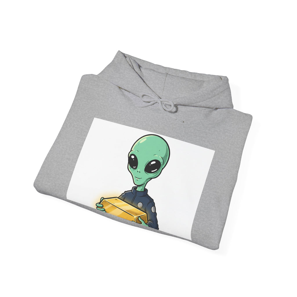 Alien Holding Gold Hoodie — "WE ARE HERE!!" Graphic Sweatshirt
