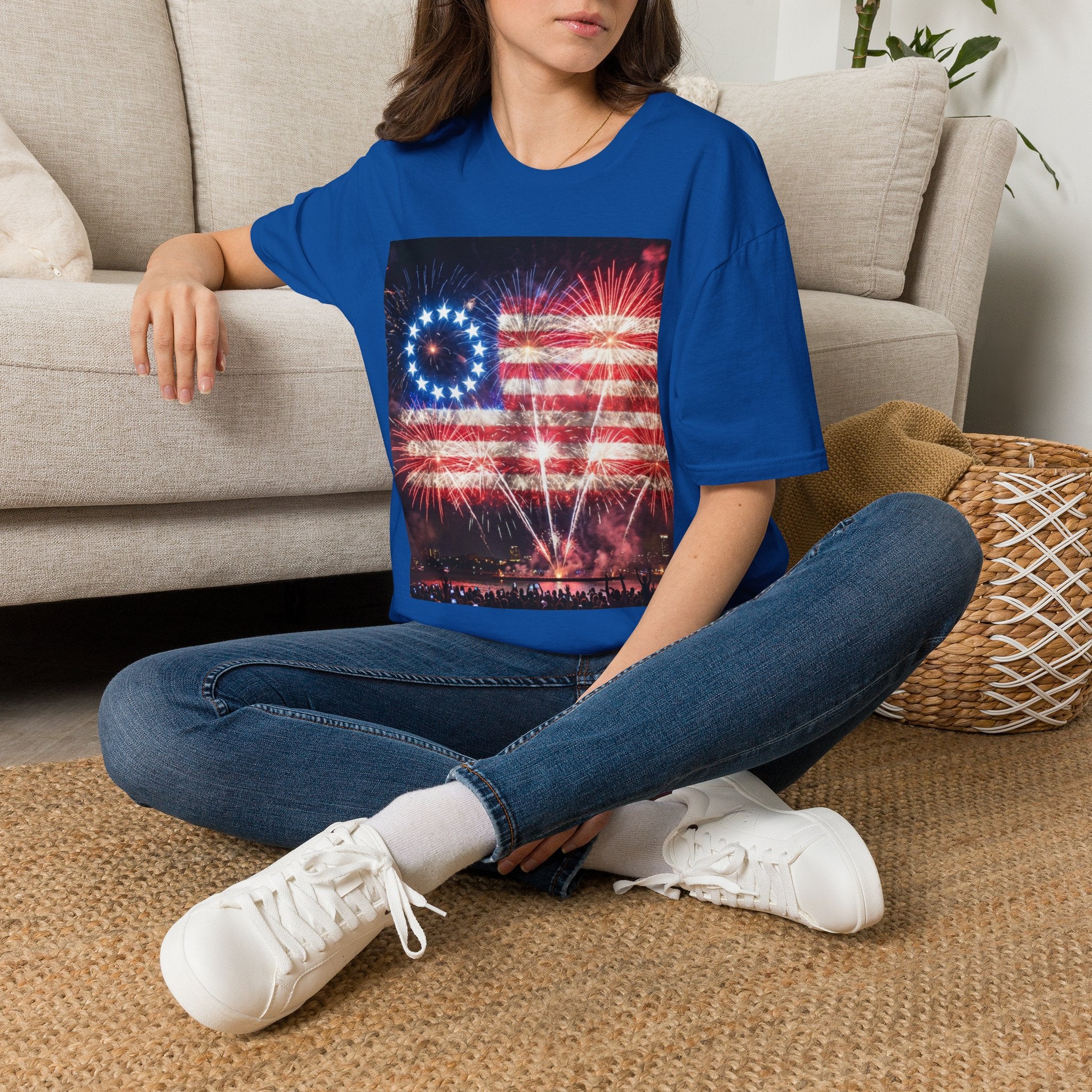 American Flag Fireworks T-Shirt — Betsy Ross Stars & Stripes Patriotic Tee for 4th of July