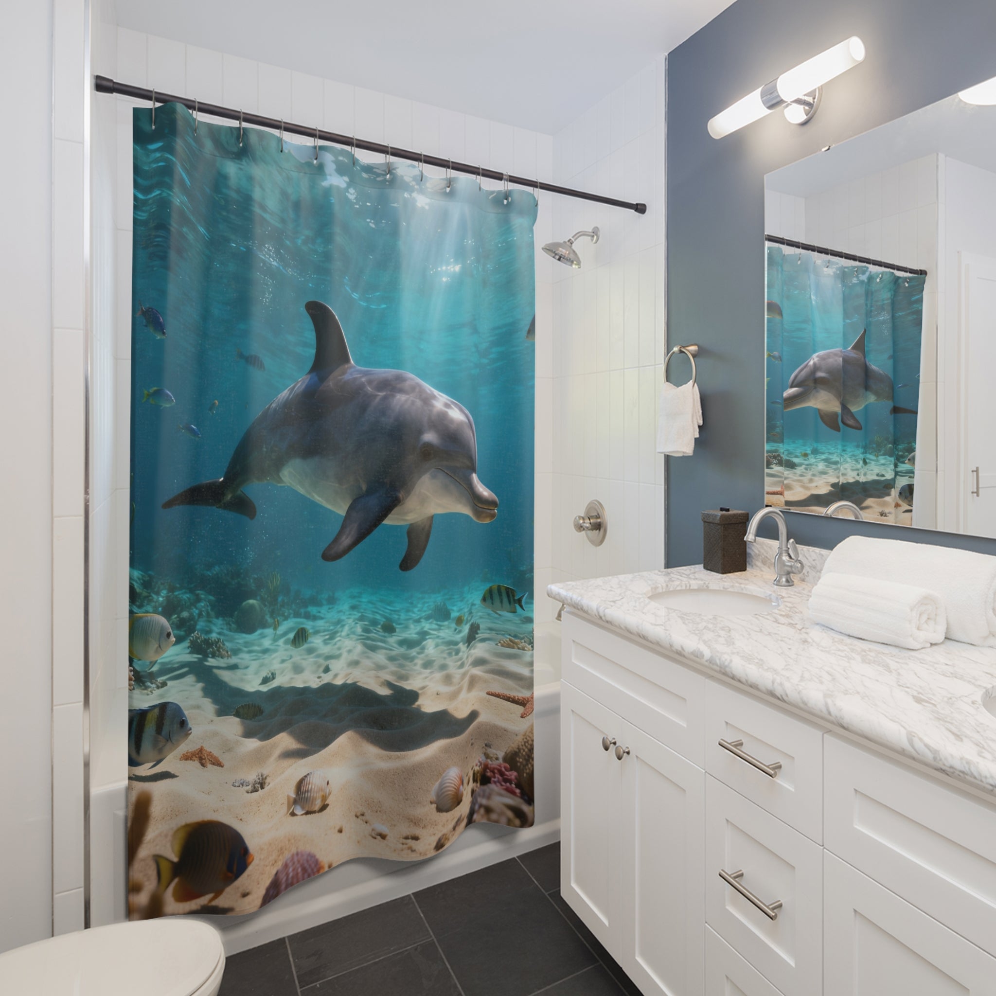 Dolphin Ocean Shower Curtain — Underwater Marine Life Bathroom Décor
