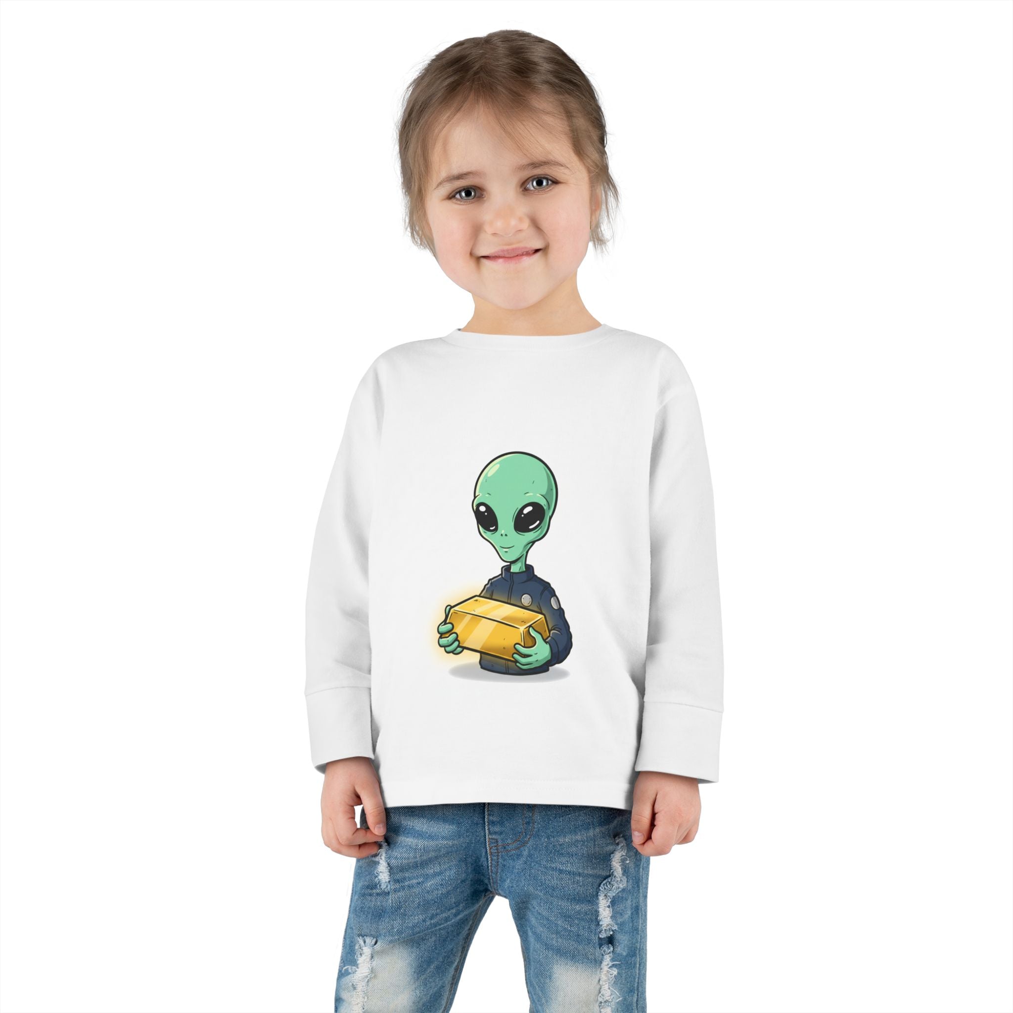 Alien Holding Gold Bar Toddler Long Sleeve Tee