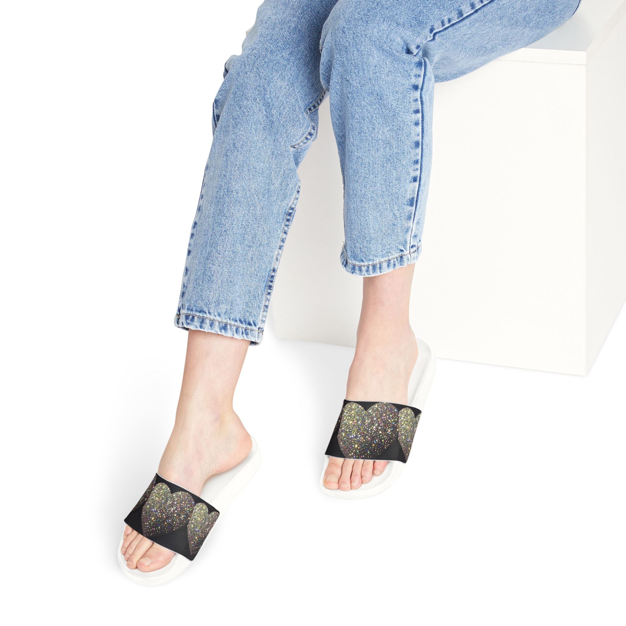 Glitter Heart Slide Sandals — Women's Removable‑Strap Summer Slides
