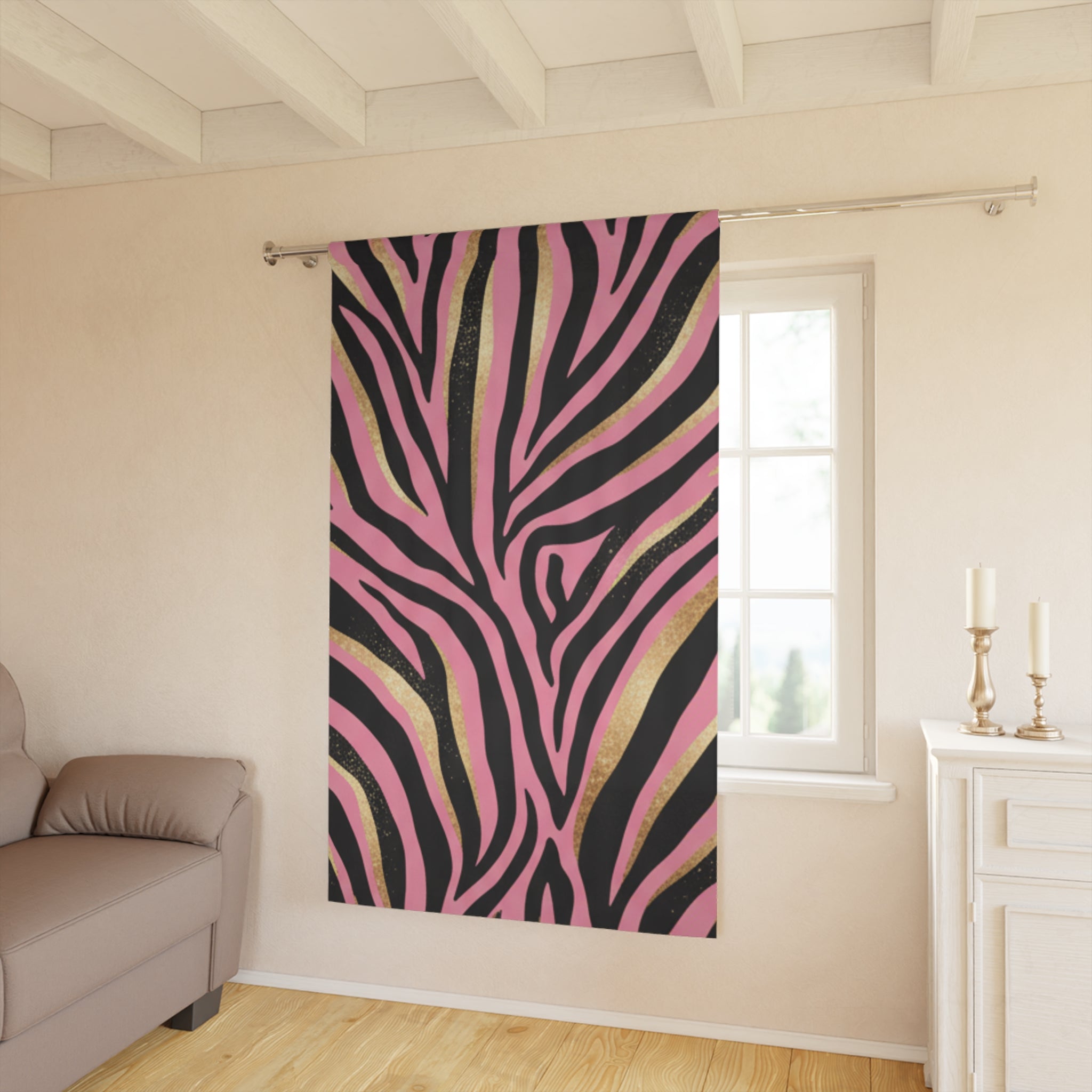 Pink Zebra Print Curtain Panel — Bold Animal Stripe Window Drapery