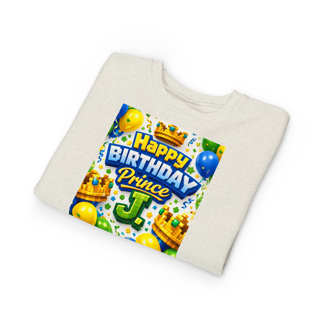 Toddler Sweatshirt — "Happy Birthday Prince J" Colorful Crown & Balloons Birthday Crew