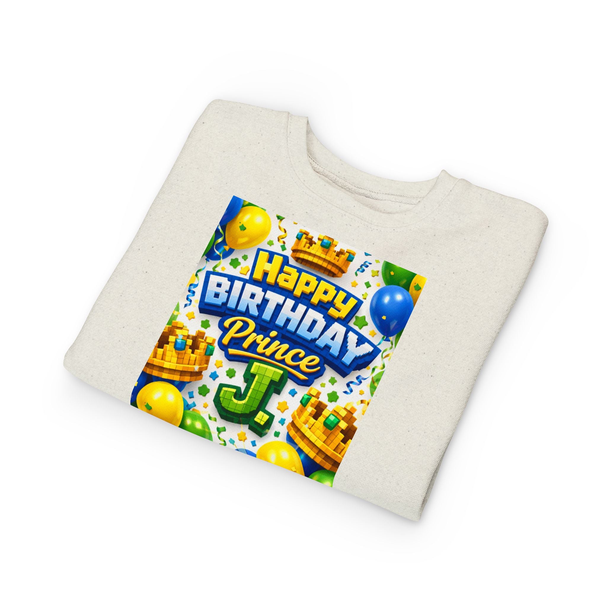 Toddler Sweatshirt — "Happy Birthday Prince J" Colorful Crown & Balloons Birthday Crew