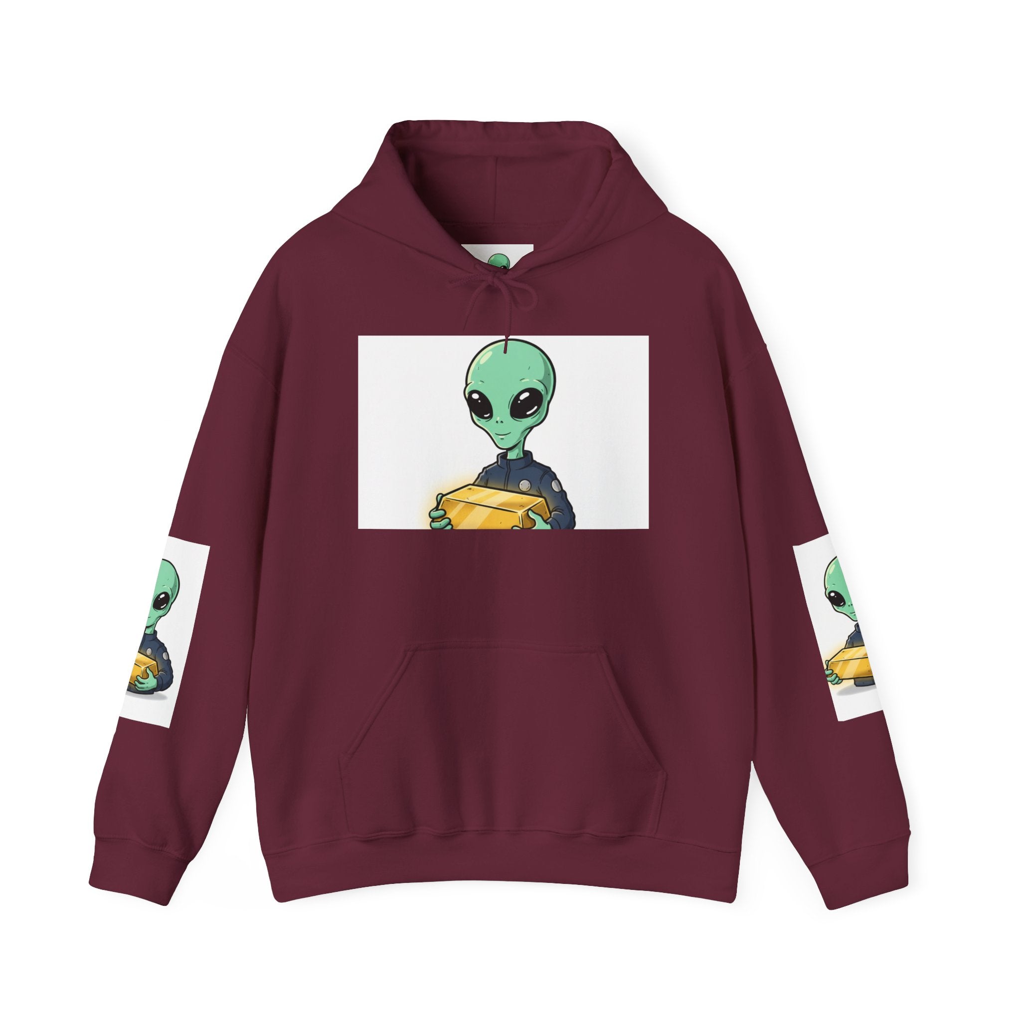Alien Holding Gold Hoodie — "WE ARE HERE!!" Graphic Sweatshirt