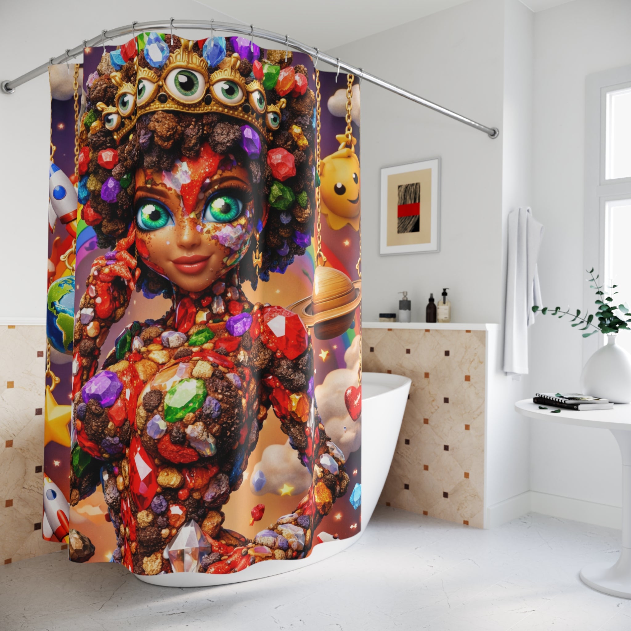 Cosmic Candy Goddess Shower Curtain — Colorful Fantasy Bathroom Decor