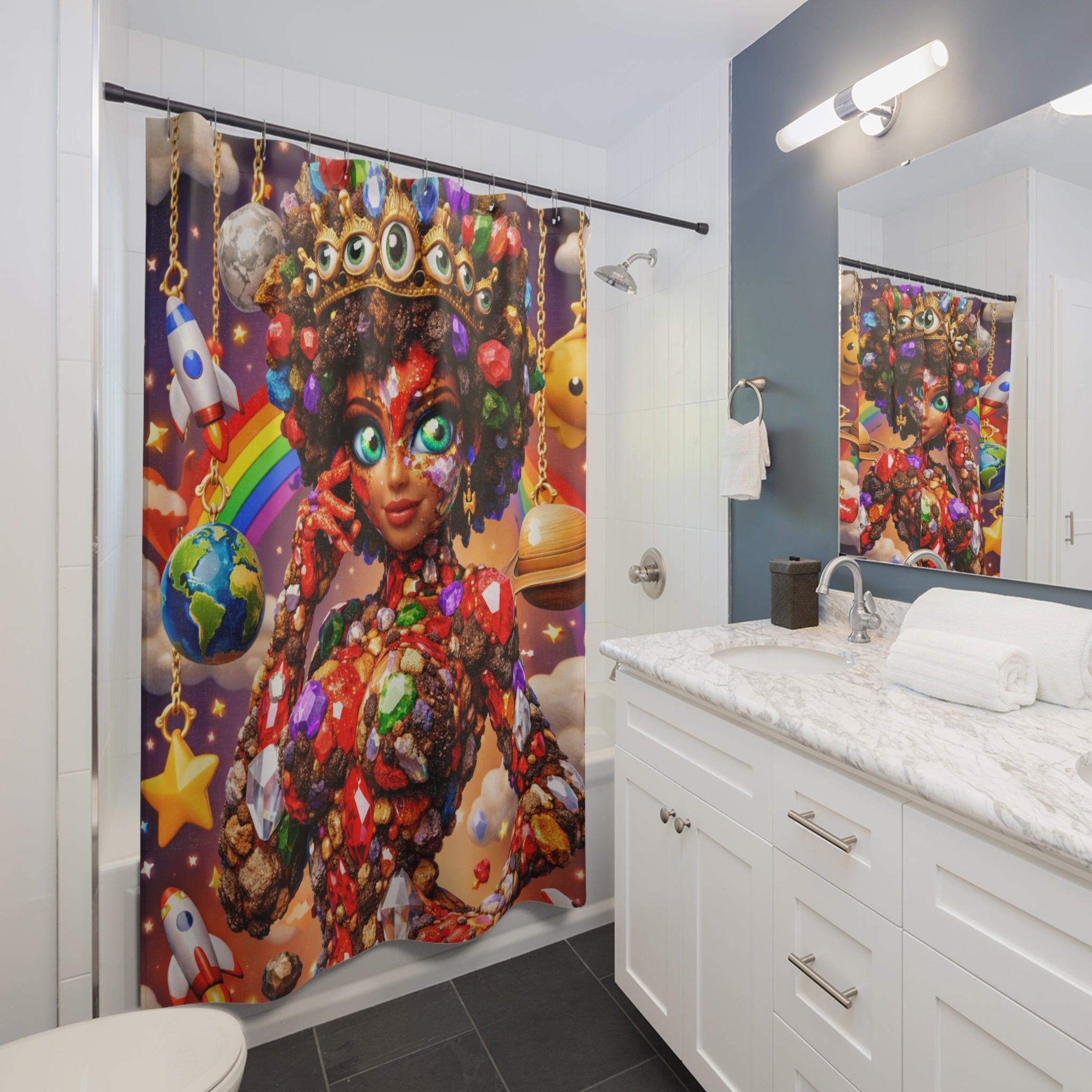Cosmic Candy Goddess Shower Curtain — Colorful Fantasy Bathroom Decor