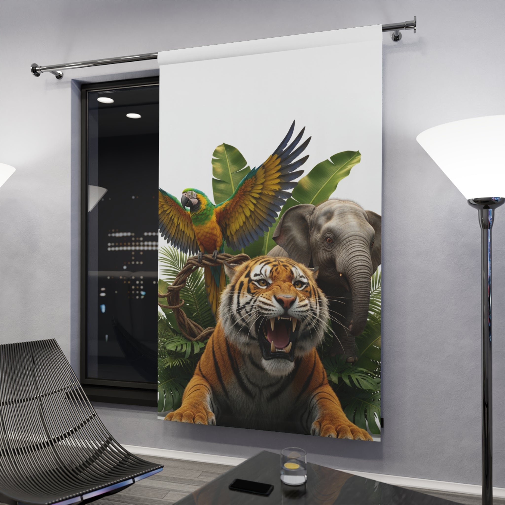 Jungle Wildlife Window Curtain — Tiger, Elephant & Parrot Nature Panel