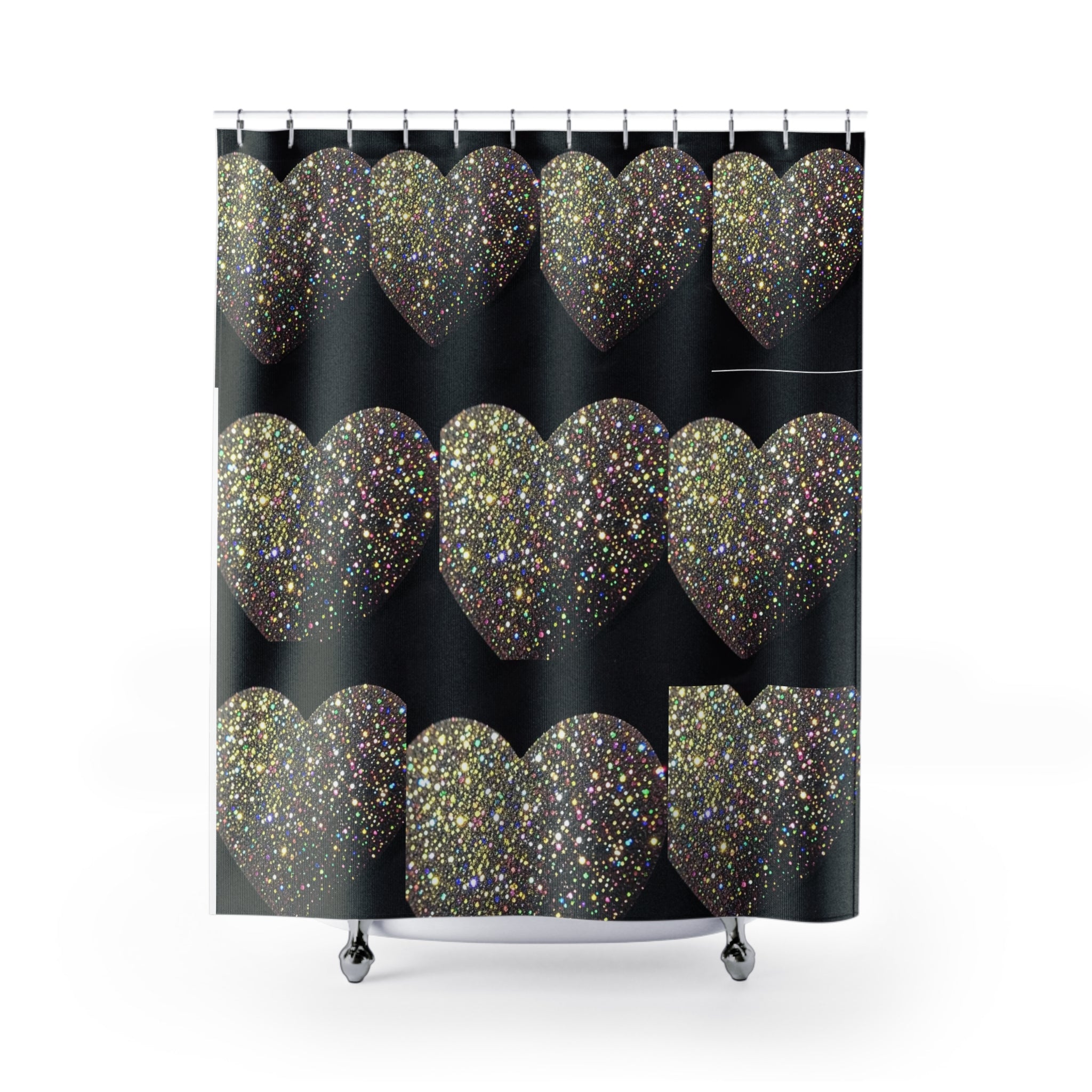 Shower Curtain - Glitter Heart Pattern on Black | Sparkling Romantic Bathroom Decor