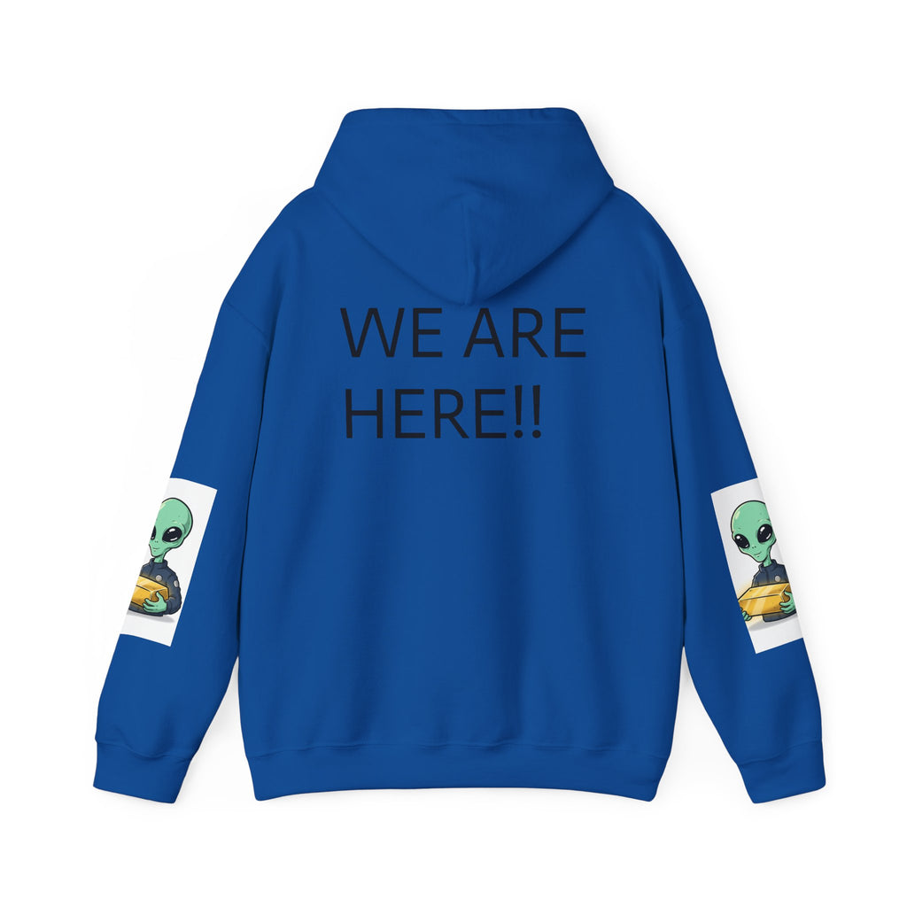 Alien Holding Gold Hoodie — "WE ARE HERE!!" Graphic Sweatshirt
