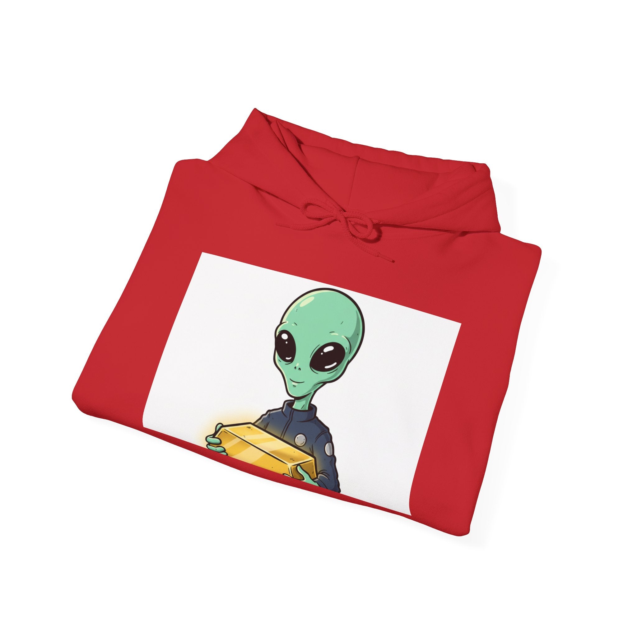 Alien Holding Gold Hoodie — "WE ARE HERE!!" Graphic Sweatshirt