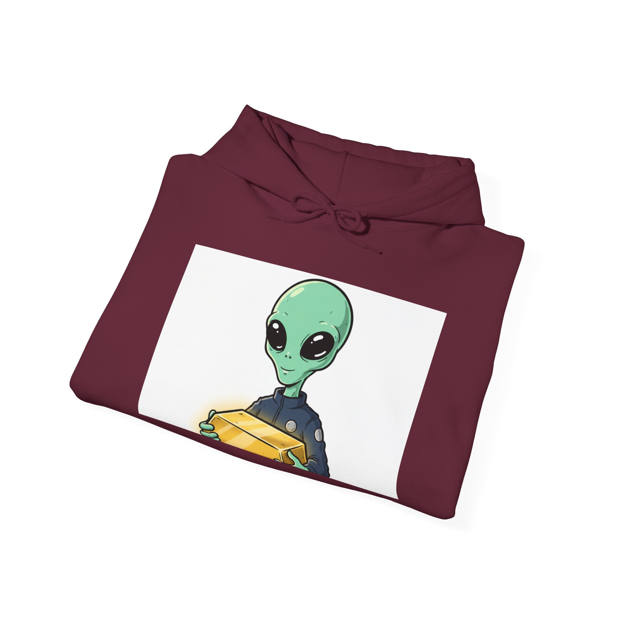 Alien Holding Gold Hoodie — "WE ARE HERE!!" Graphic Sweatshirt