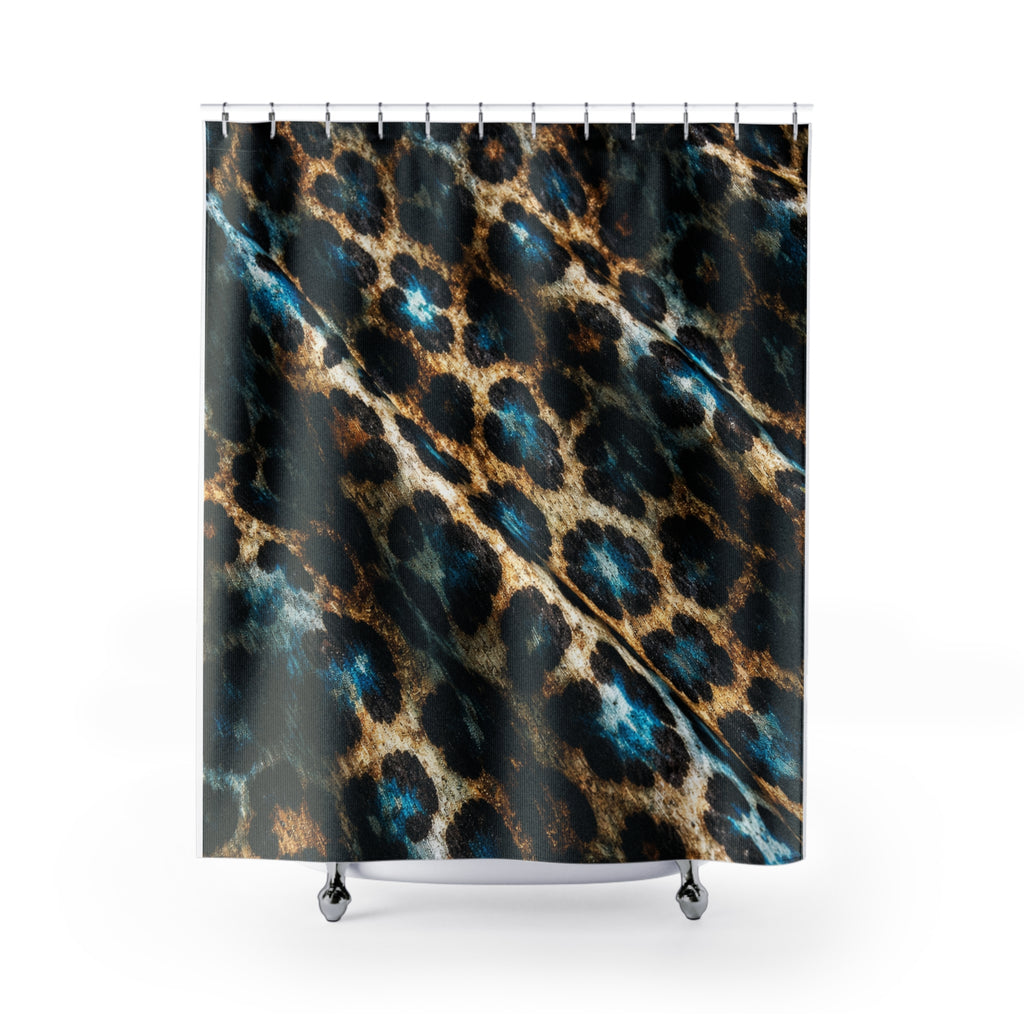 Leopard Print Shower Curtain — Teal Accent Animal Print Bathroom Decor
