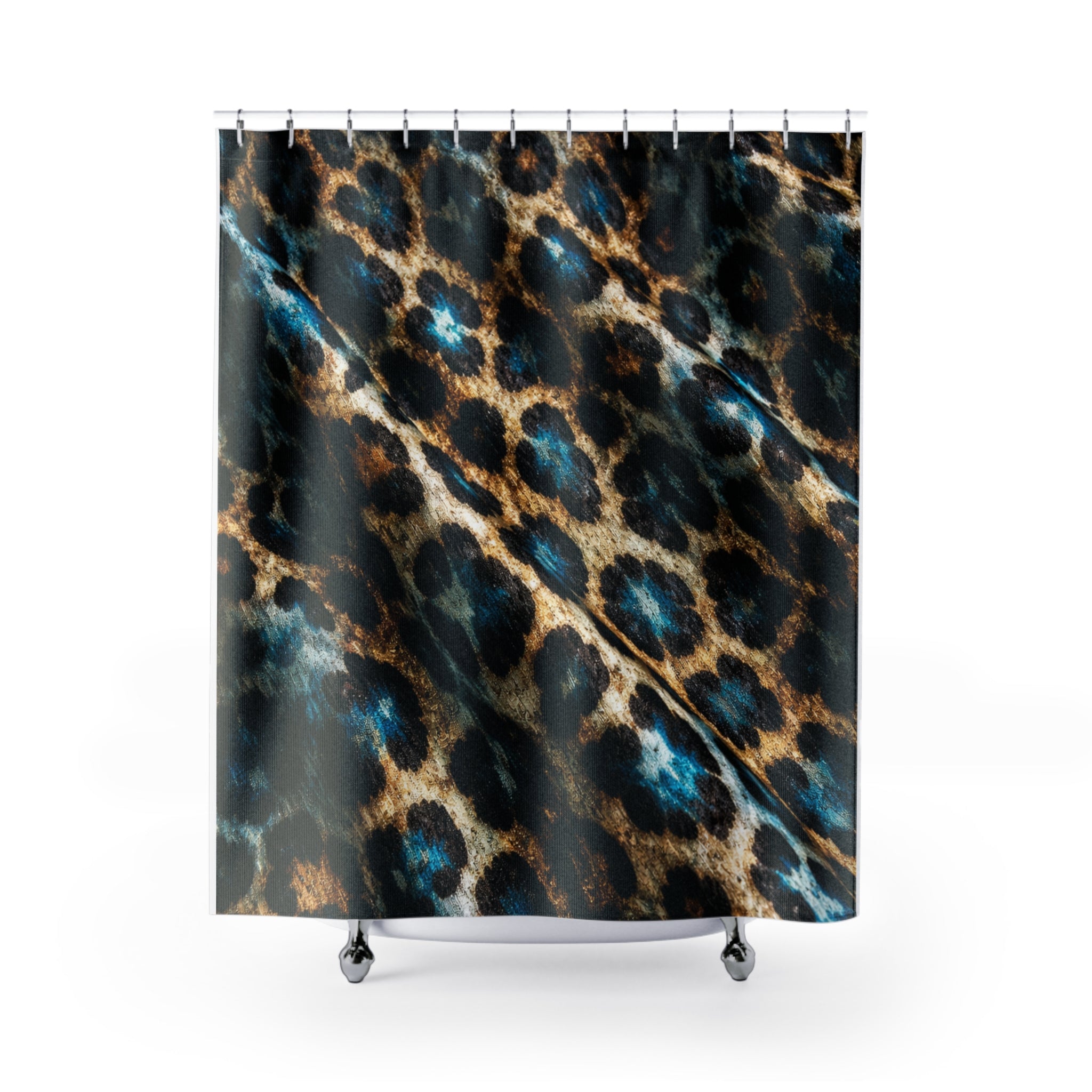 Leopard Print Shower Curtain — Teal Accent Animal Print Bathroom Decor