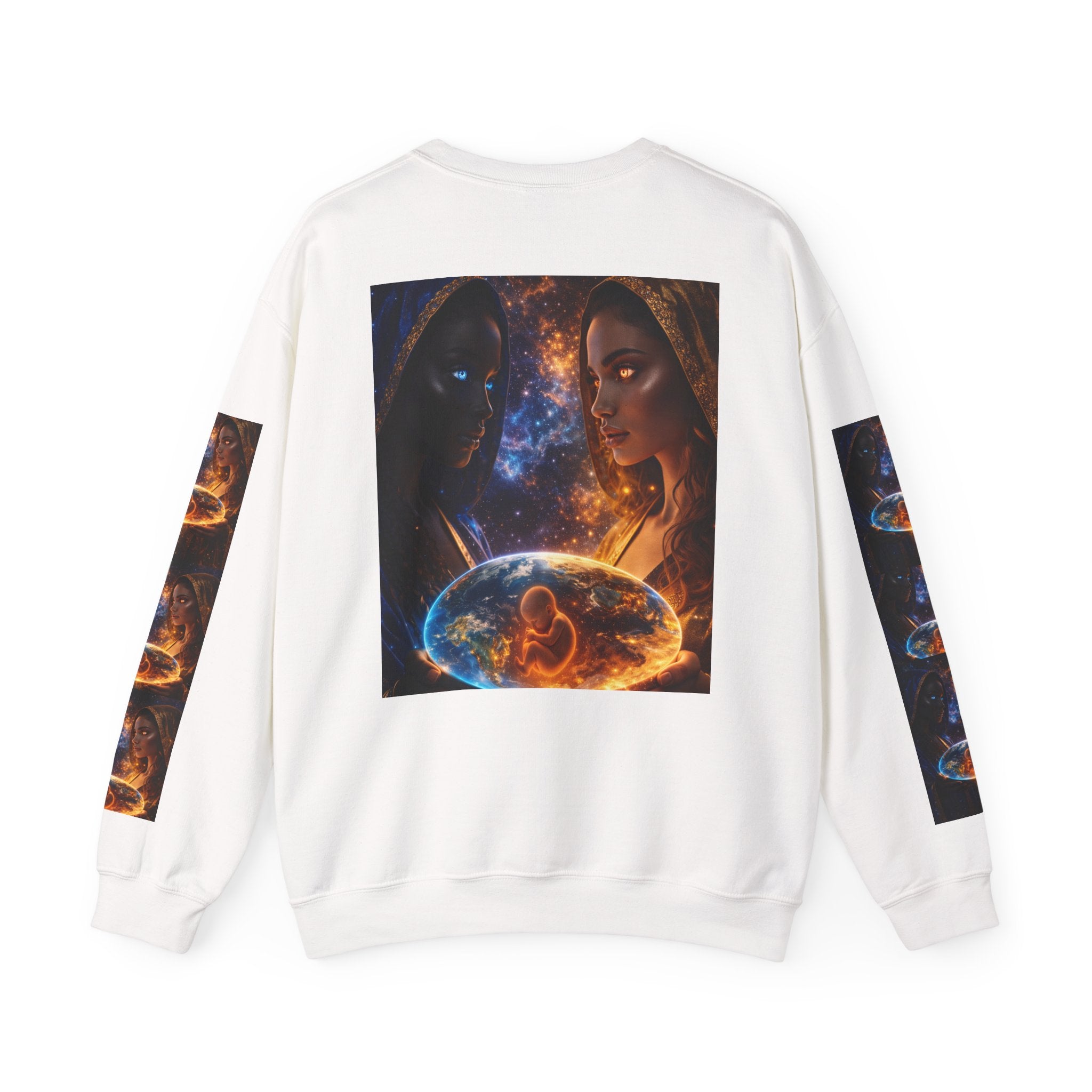 Crewneck Sweatshirt — Celestial Duality Artwork: Fire & Ice Sisters with Cosmic Orb