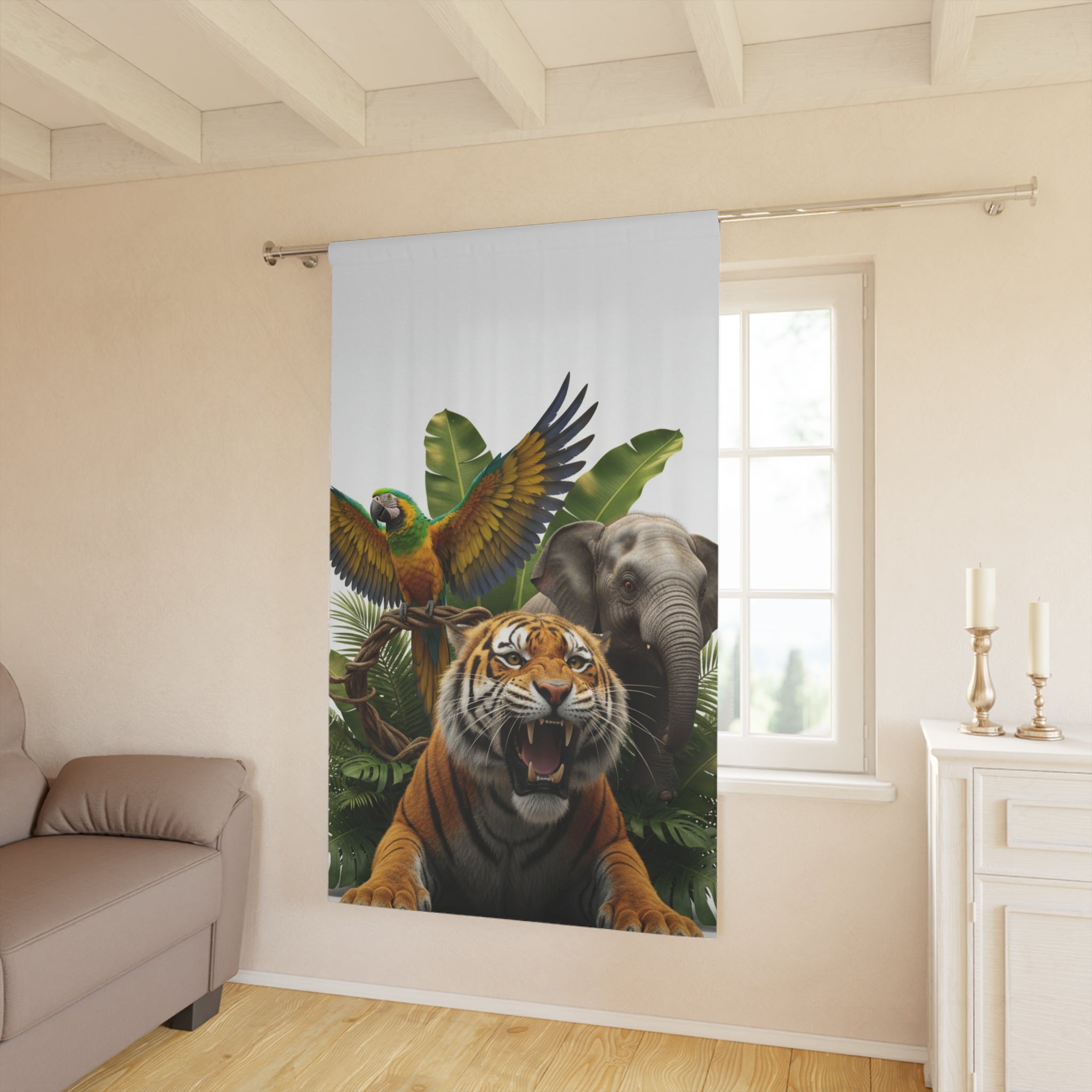 Jungle Wildlife Window Curtain — Tiger, Elephant & Parrot Nature Panel