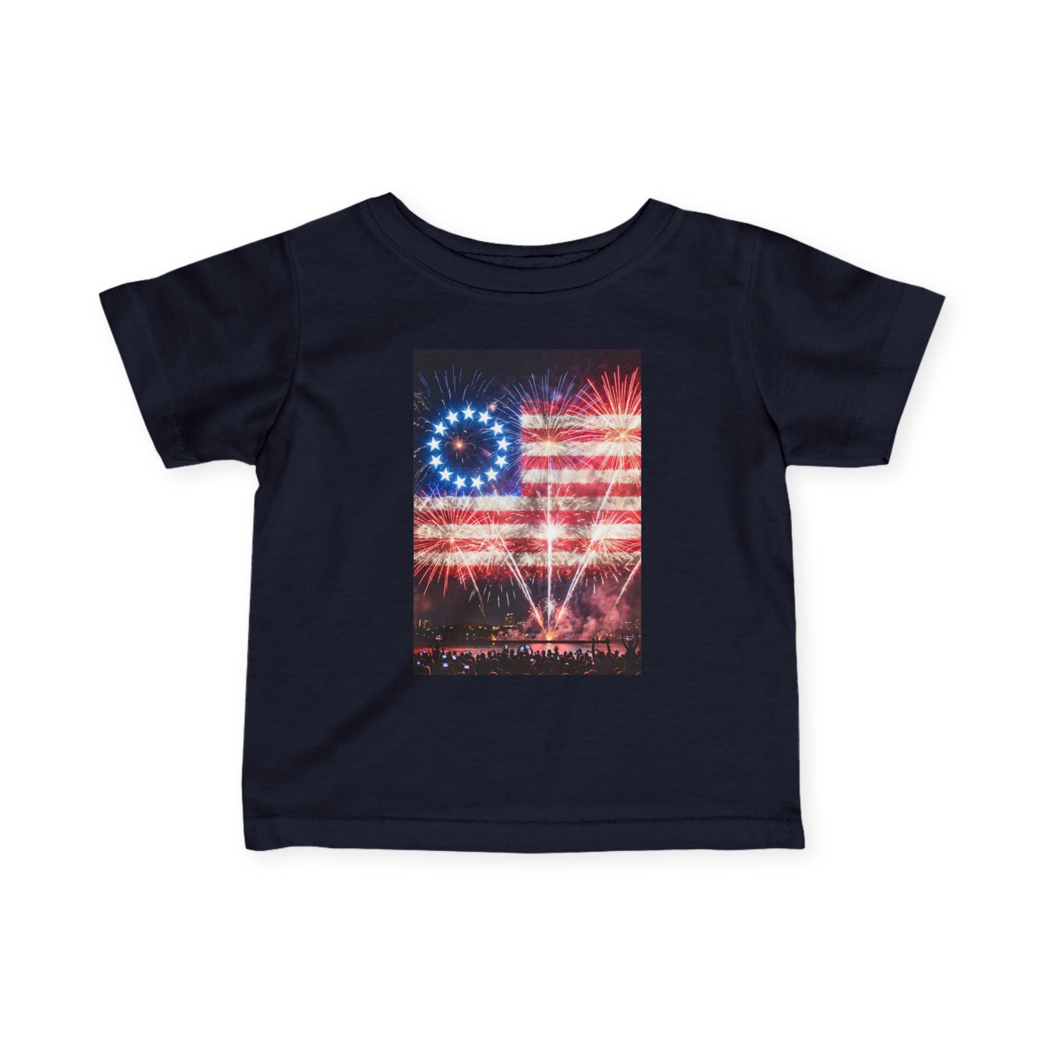 Infant Tee — Vintage Fireworks American Flag Graphic (4th of July Baby Shirt)