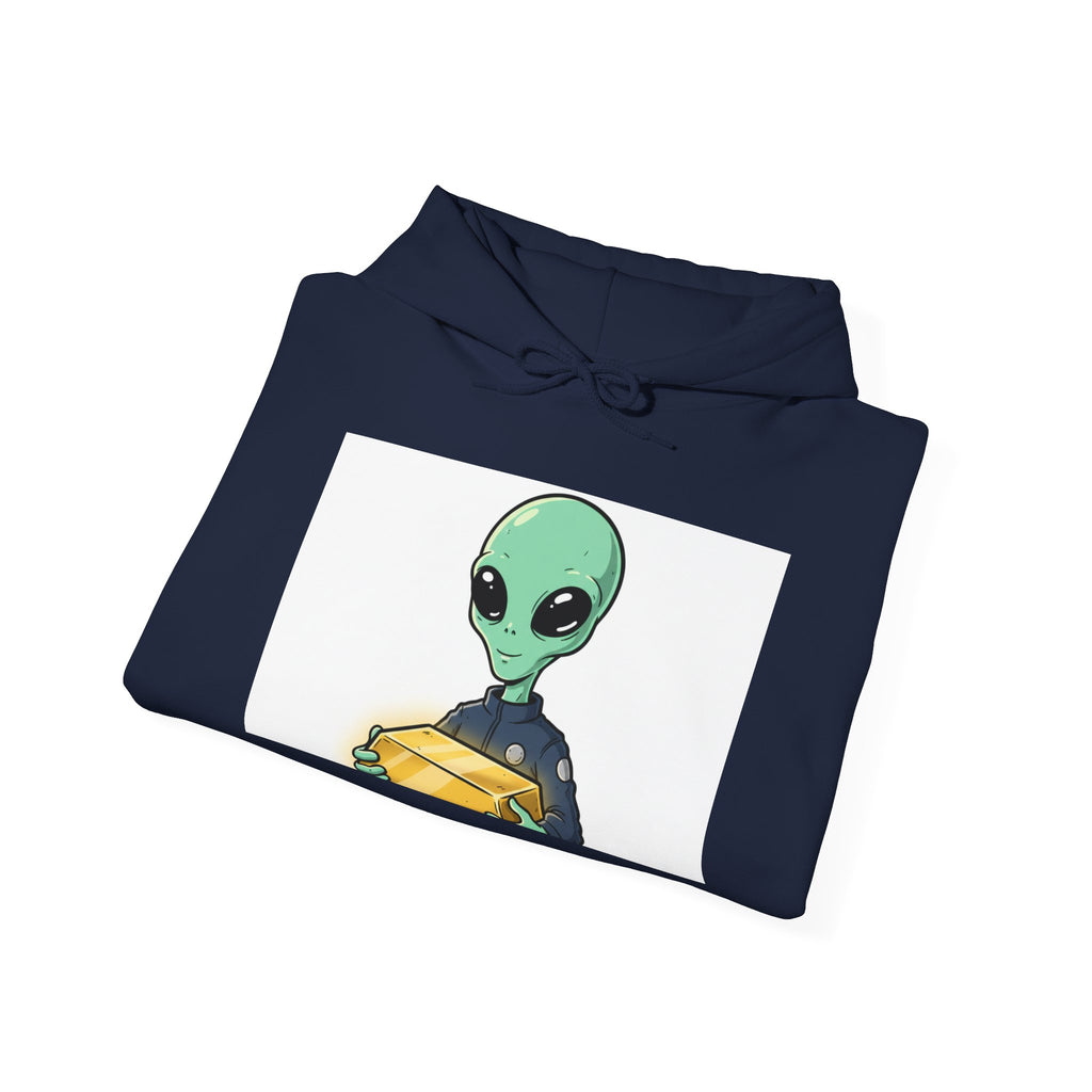 Alien Holding Gold Hoodie — "WE ARE HERE!!" Graphic Sweatshirt