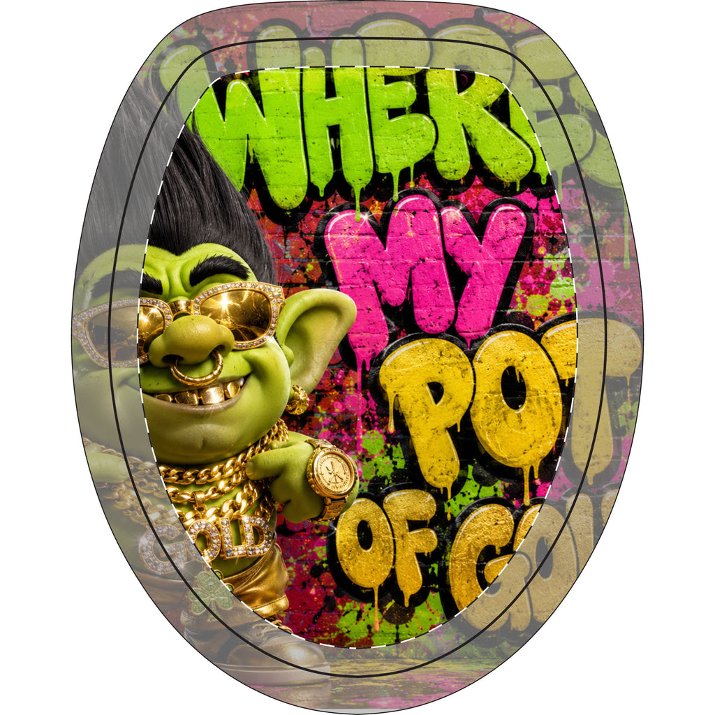 Toilet Lid & Mat Set — 'Where's My Pot of Gold' Graffiti Troll Toilet 3-Piece Bathroom Décor
