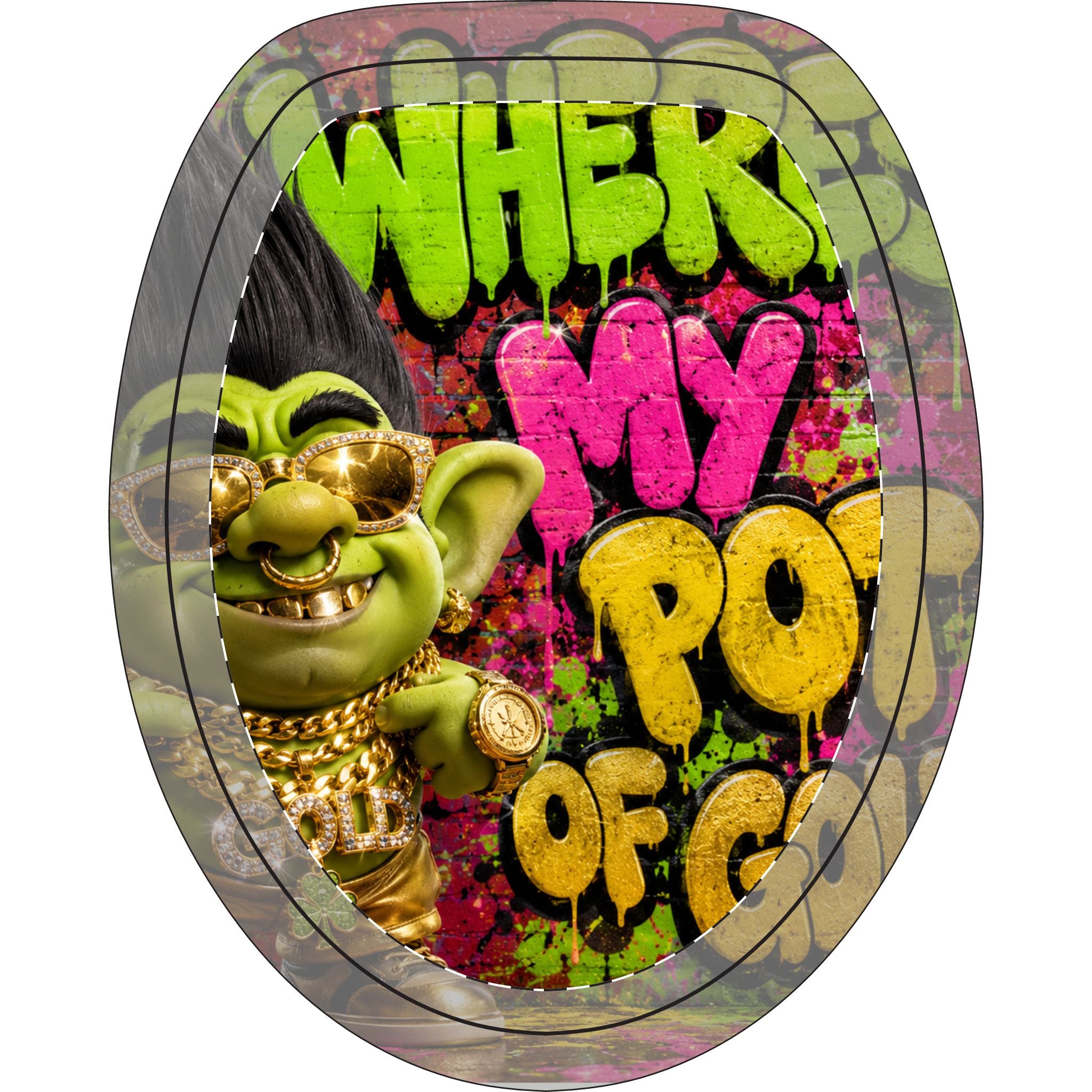Toilet Lid & Mat Set — 'Where's My Pot of Gold' Graffiti Troll Toilet 3-Piece Bathroom Décor