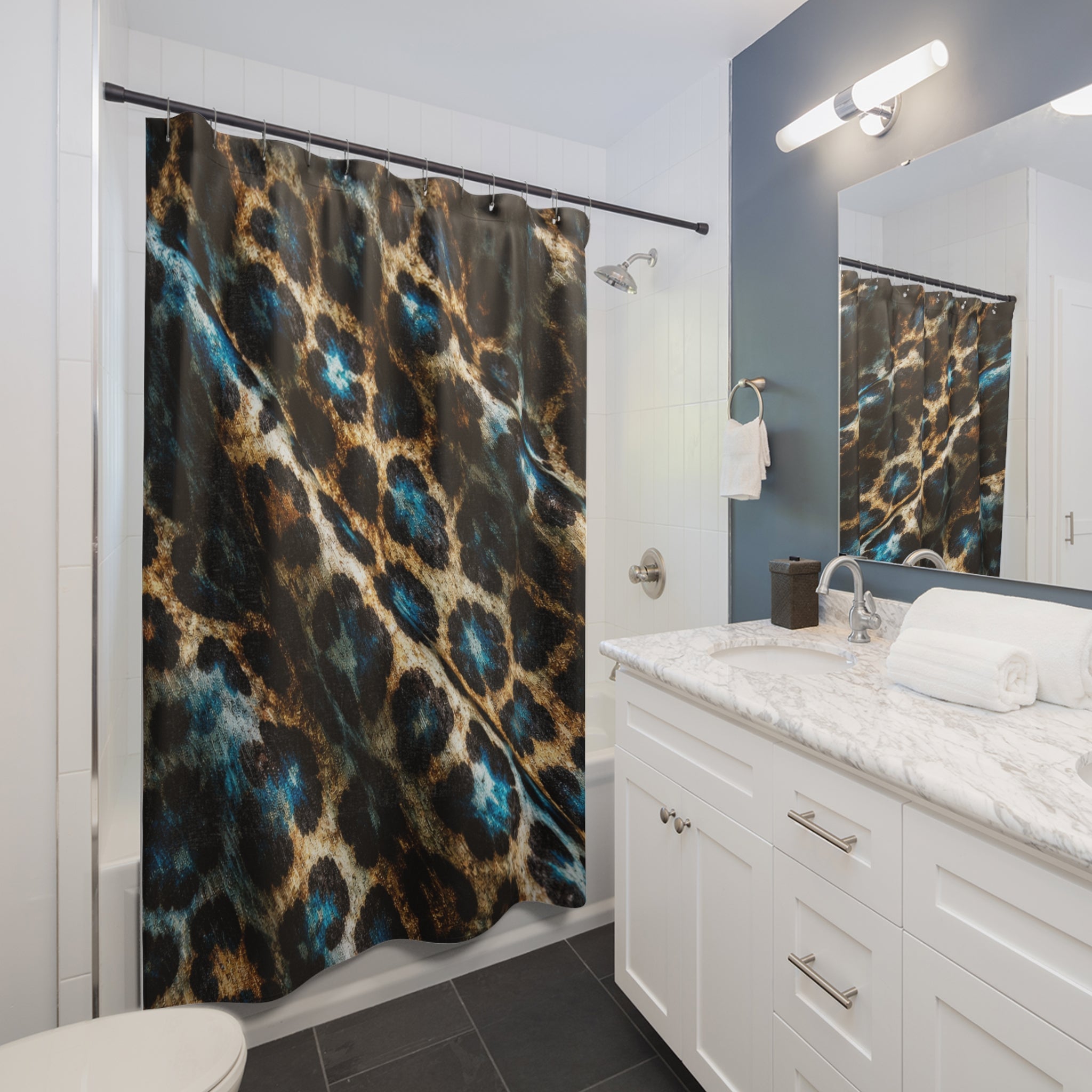 Leopard Print Shower Curtain — Teal Accent Animal Print Bathroom Decor