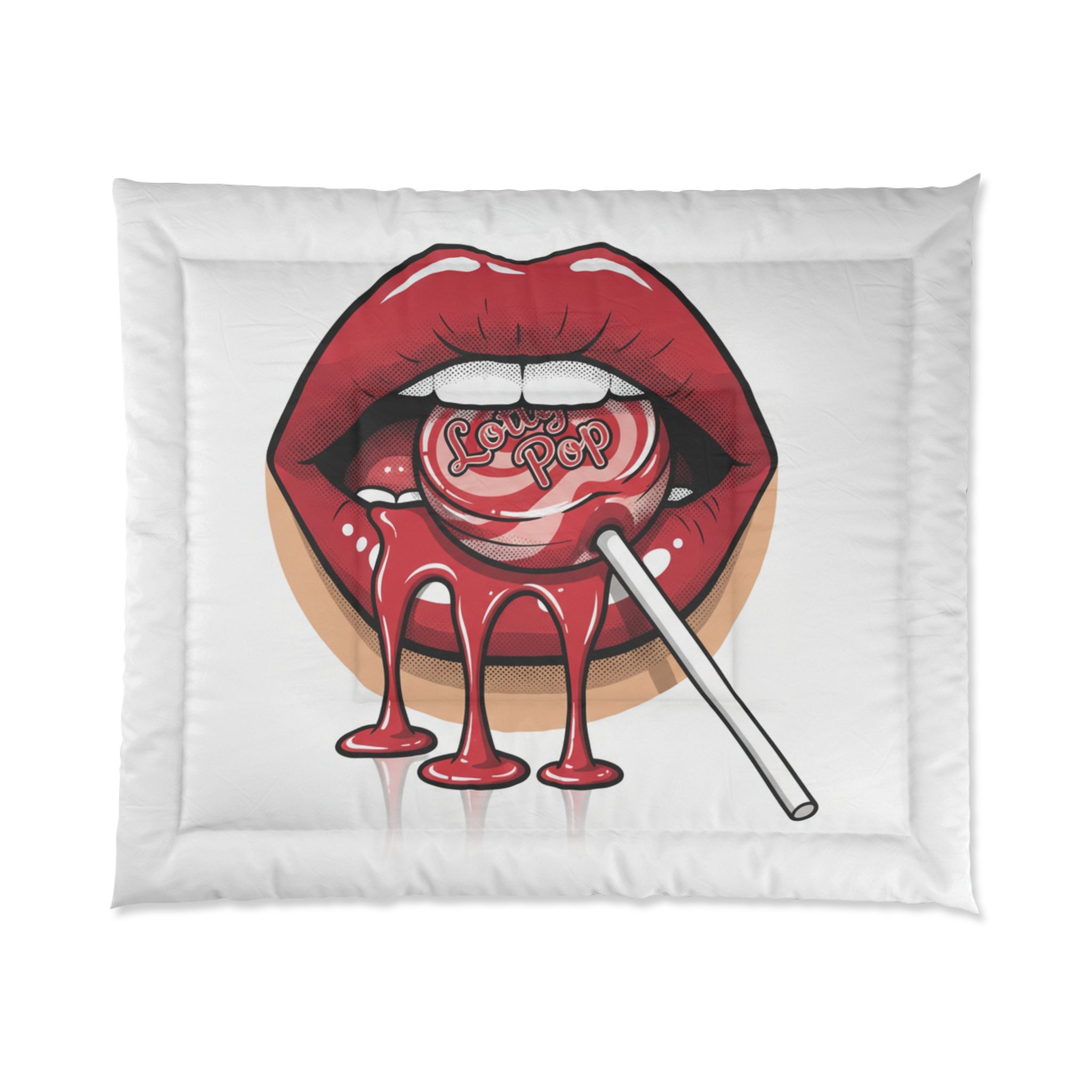 Lollipop Kiss Comforter — Dripping Red Lips Candy Graphic Bedding