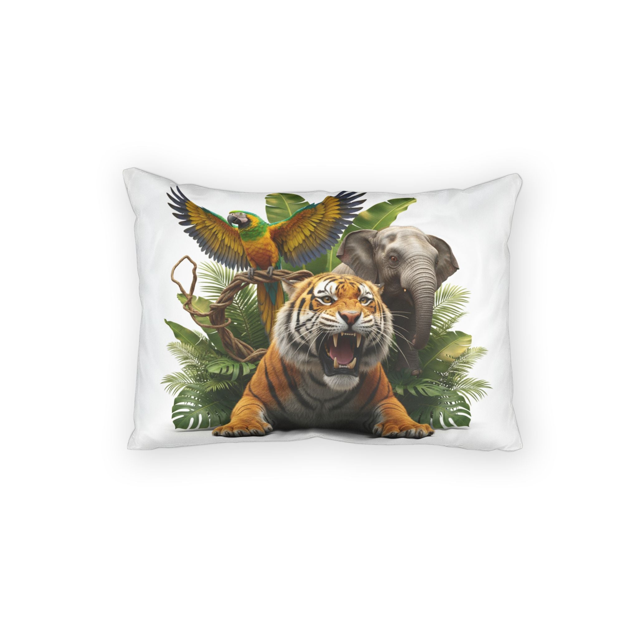Jungle Wildlife Cotton Pillow Sham — Tiger, Elephant & Parrot Decorative Pillowcase