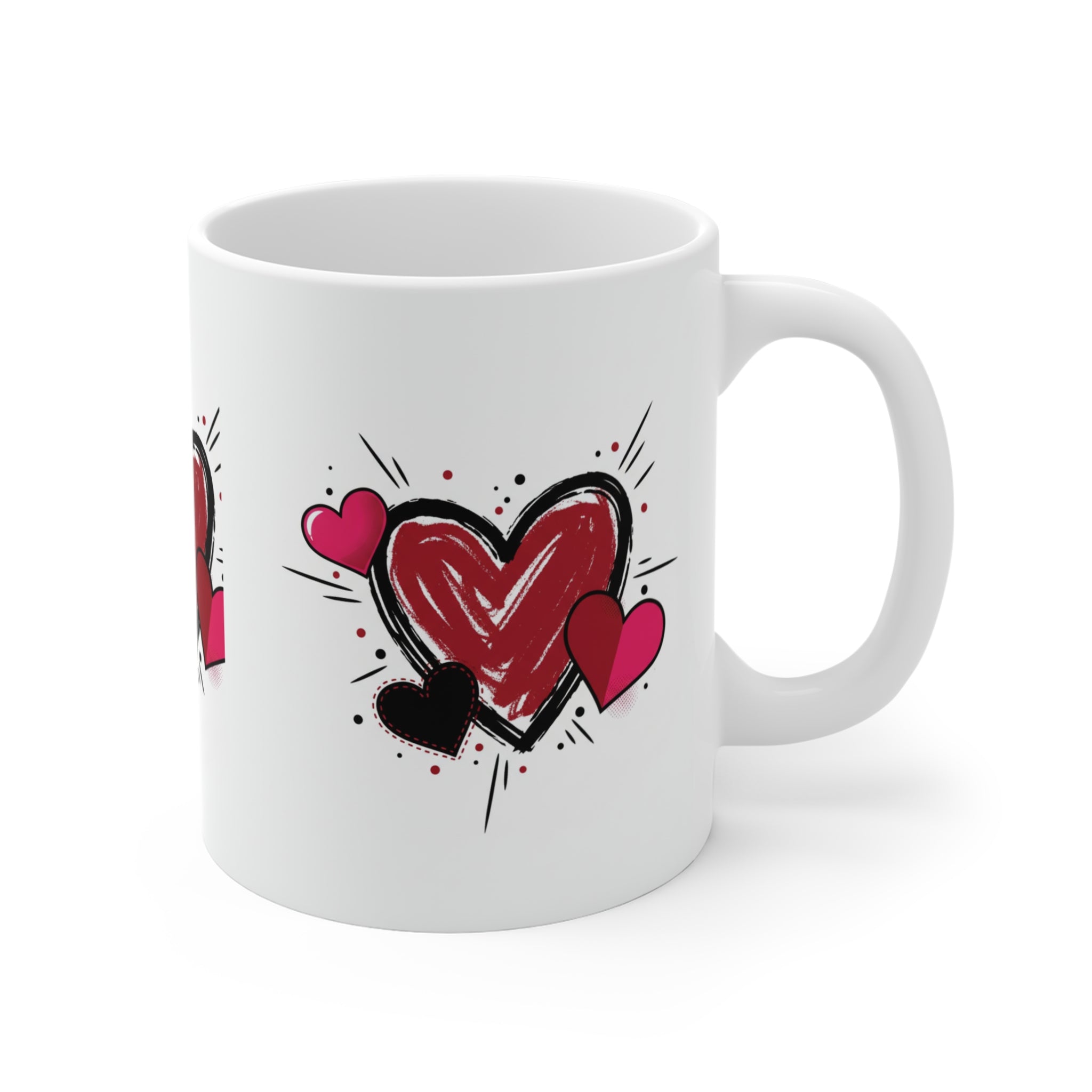 Heart Sketch Mug — Hand-Drawn Red & Pink Hearts Coffee Cup (Valentine’s Day Gift)