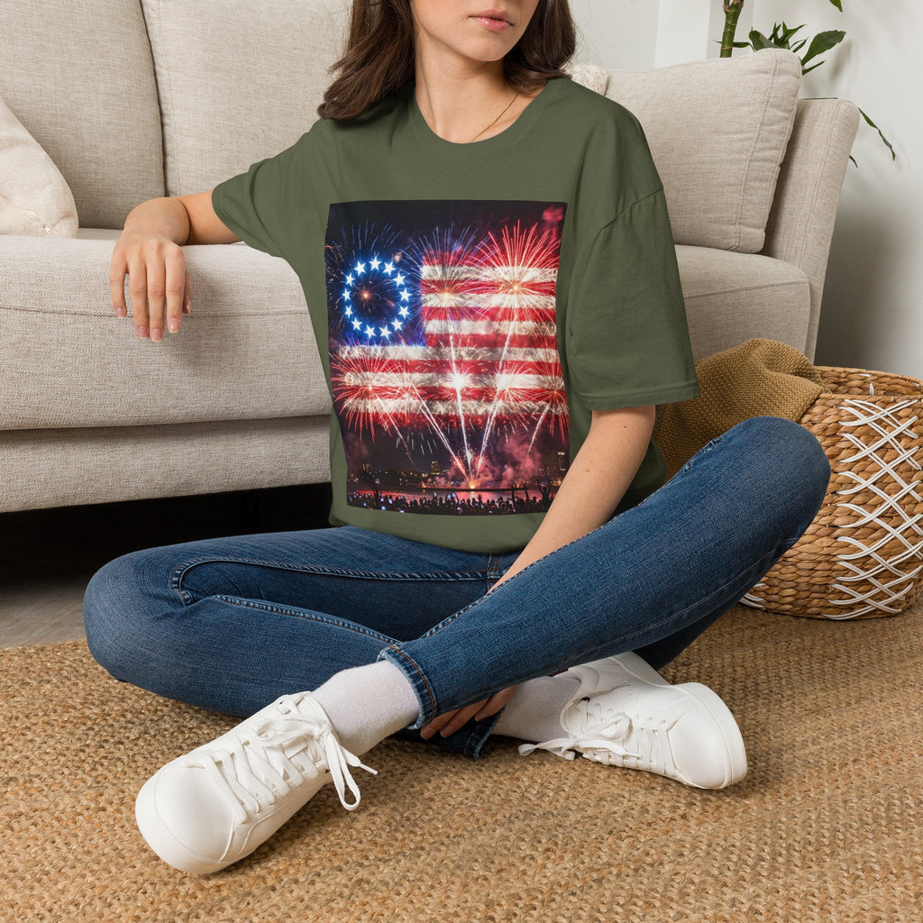 American Flag Fireworks T-Shirt — Betsy Ross Stars & Stripes Patriotic Tee for 4th of July