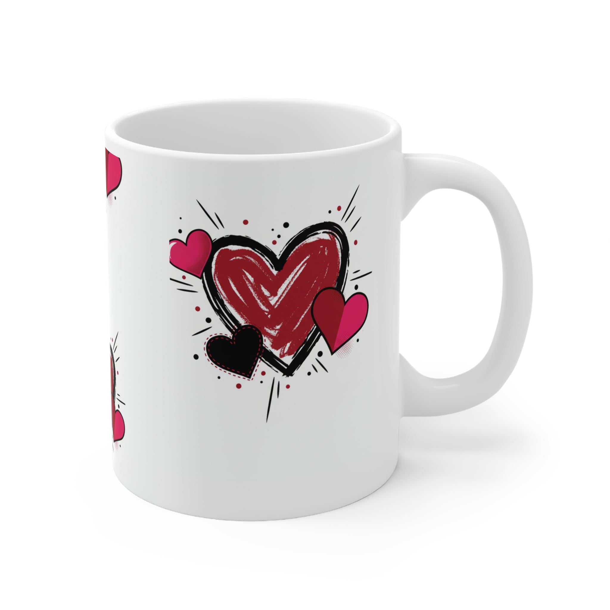 Heart Doodle Ceramic Mug — Red & Pink Sketch Hearts Coffee Cup