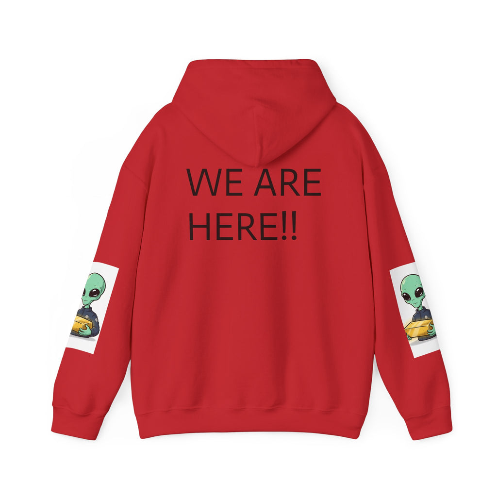 Alien Holding Gold Hoodie — "WE ARE HERE!!" Graphic Sweatshirt