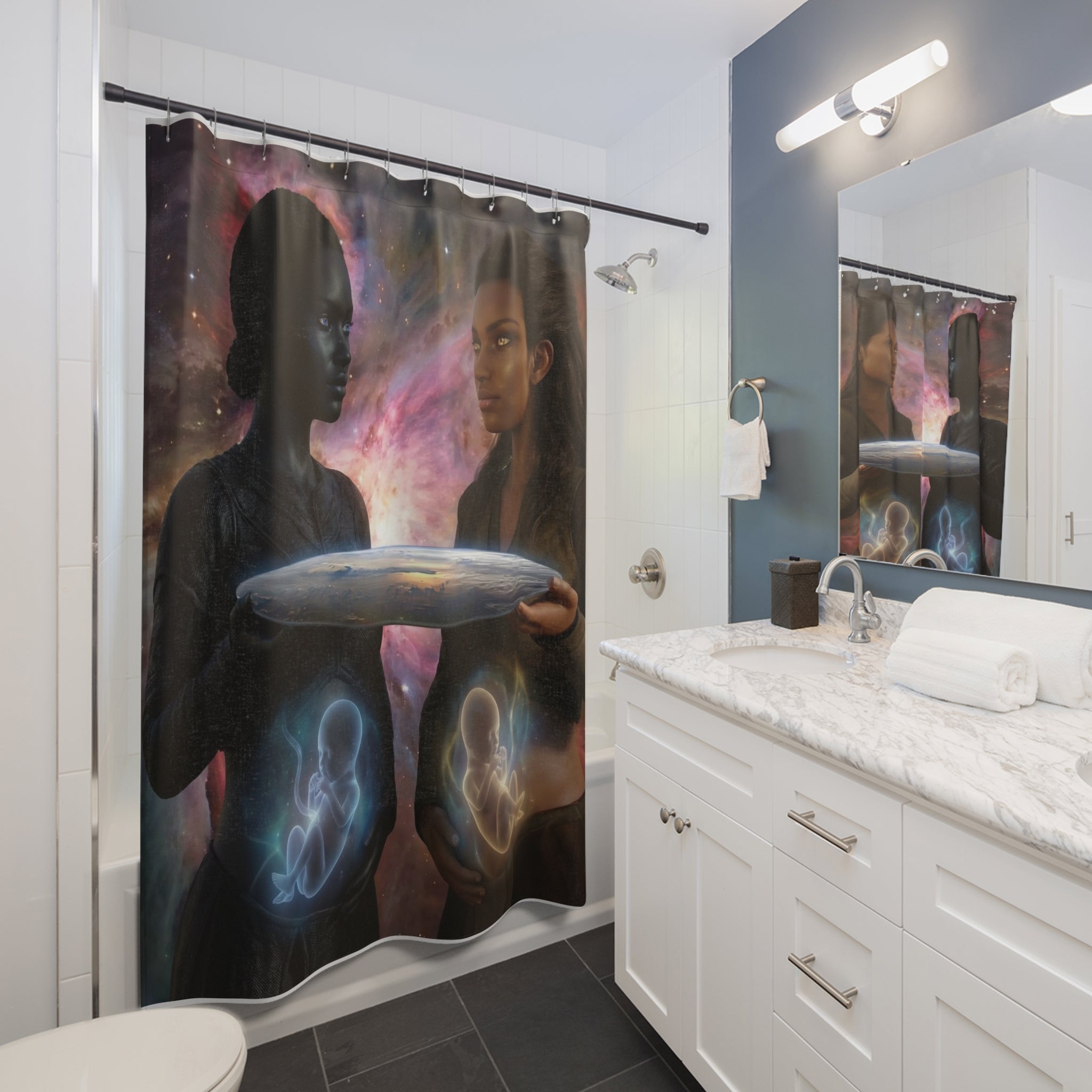 Shower Curtain — Cosmic Maternity Art: Expecting Souls Galaxy Bathroom Decor