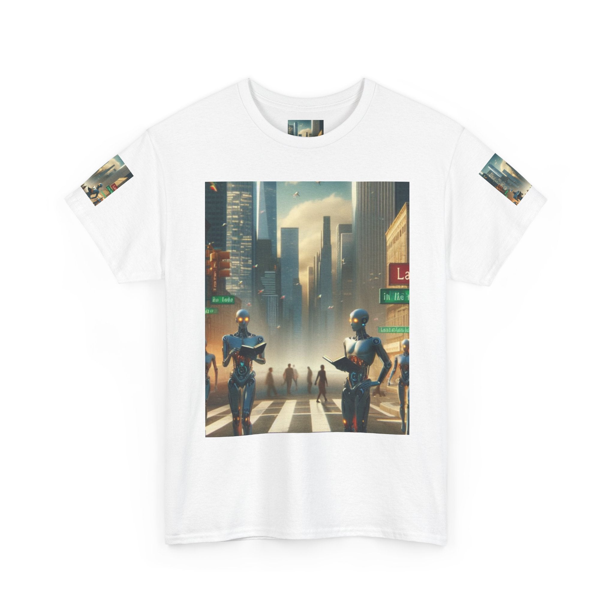 Cybercity Robots T‑Shirt — Futuristic Android Street Scene Tee