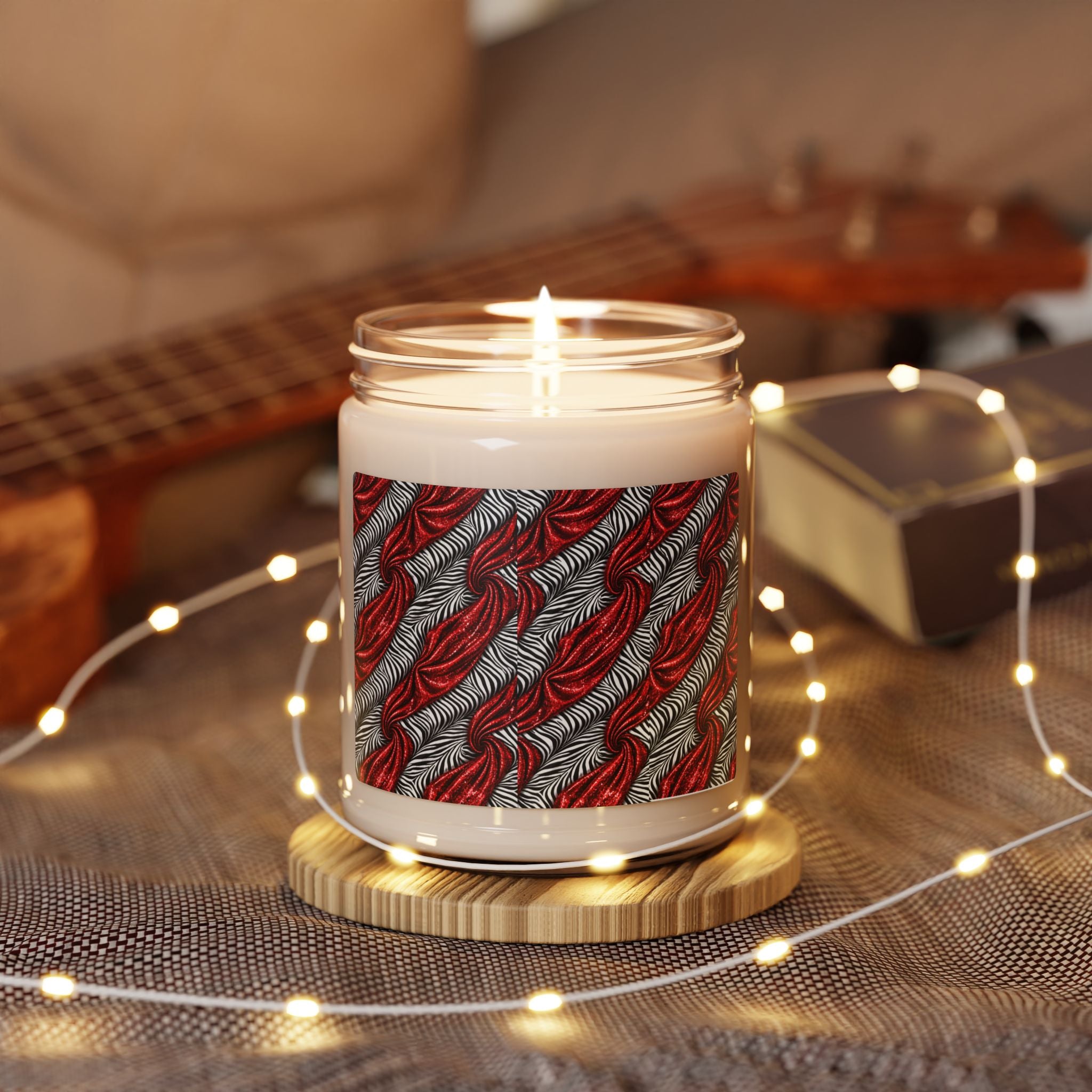 Red & Gray Feather Pattern Soy Candle — 9oz Scented Jar