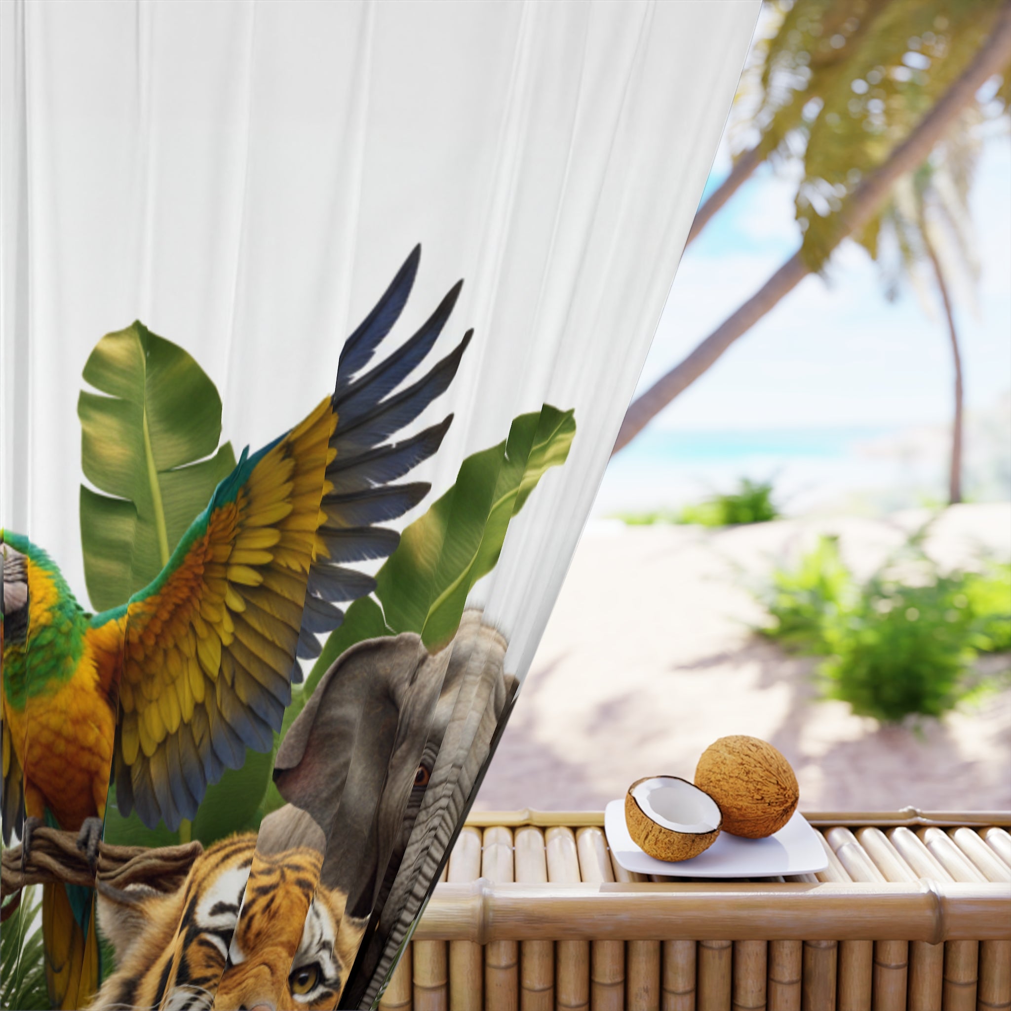 Jungle Wildlife Window Curtain — Tiger, Elephant & Parrot Nature Panel