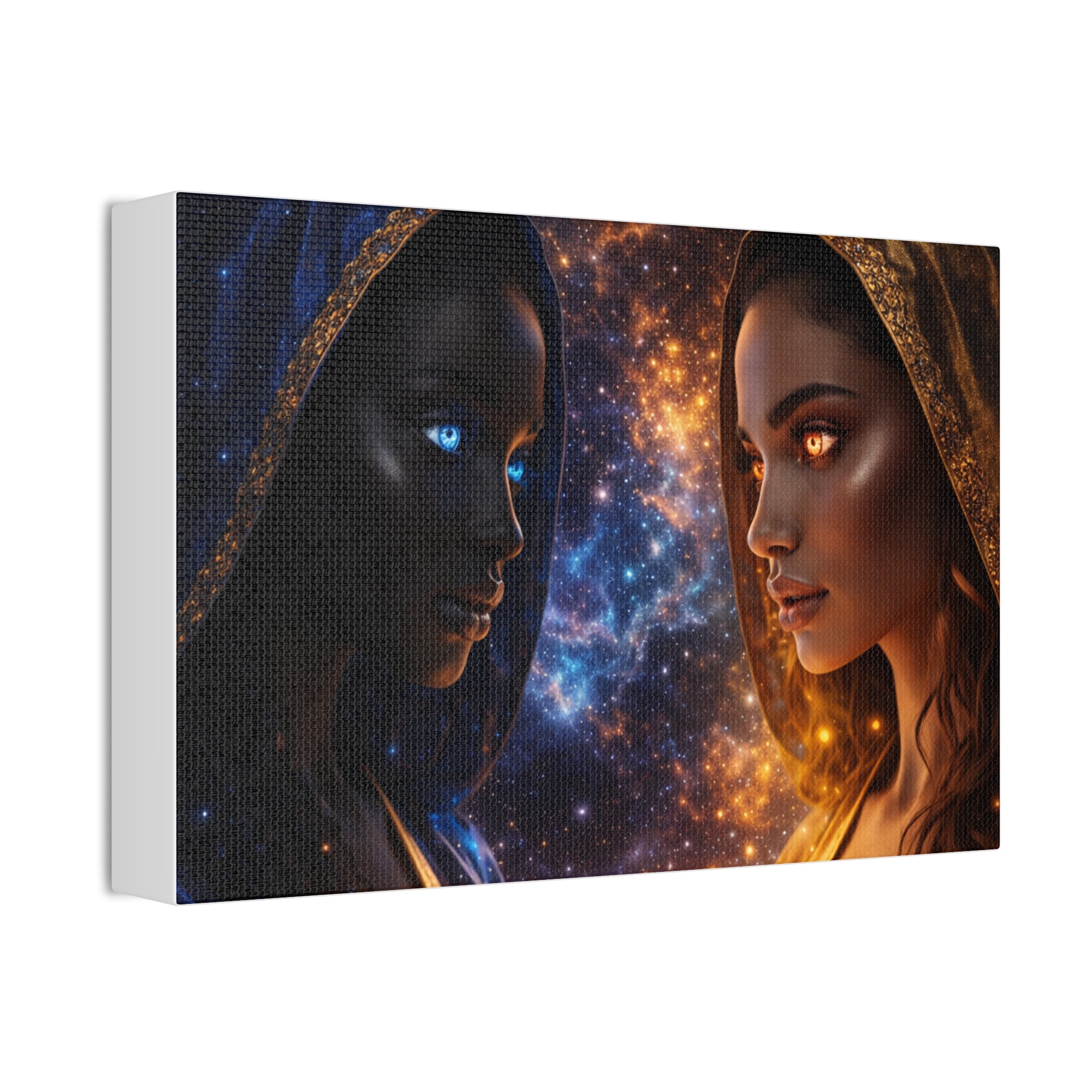 Duality Portrait Canvas Print — Sun & Moon Cosmic Women Stretched Wall Art