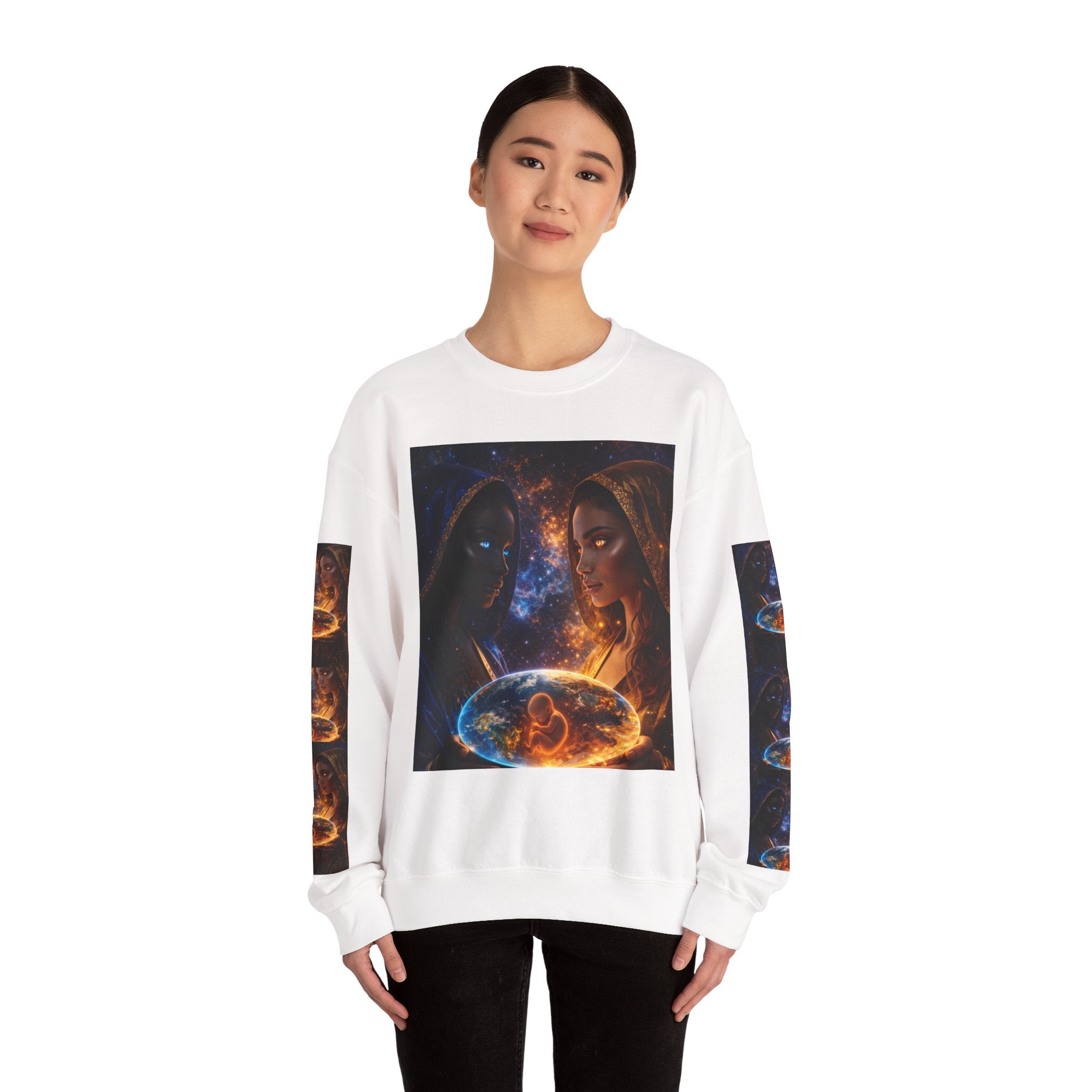 Crewneck Sweatshirt — Celestial Duality Artwork: Fire & Ice Sisters with Cosmic Orb