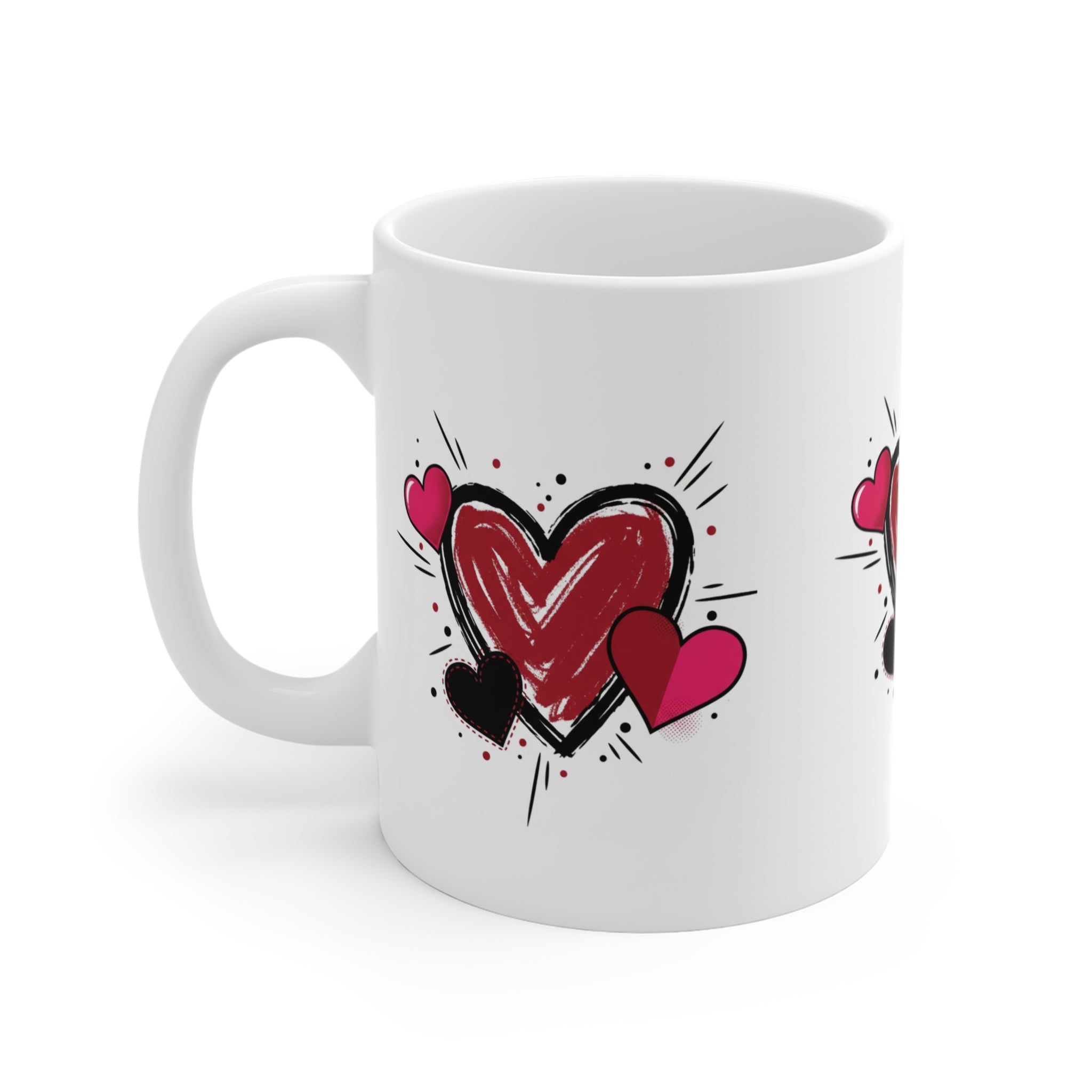 Heart Sketch Mug — Hand-Drawn Red & Pink Hearts Coffee Cup (Valentine’s Day Gift)