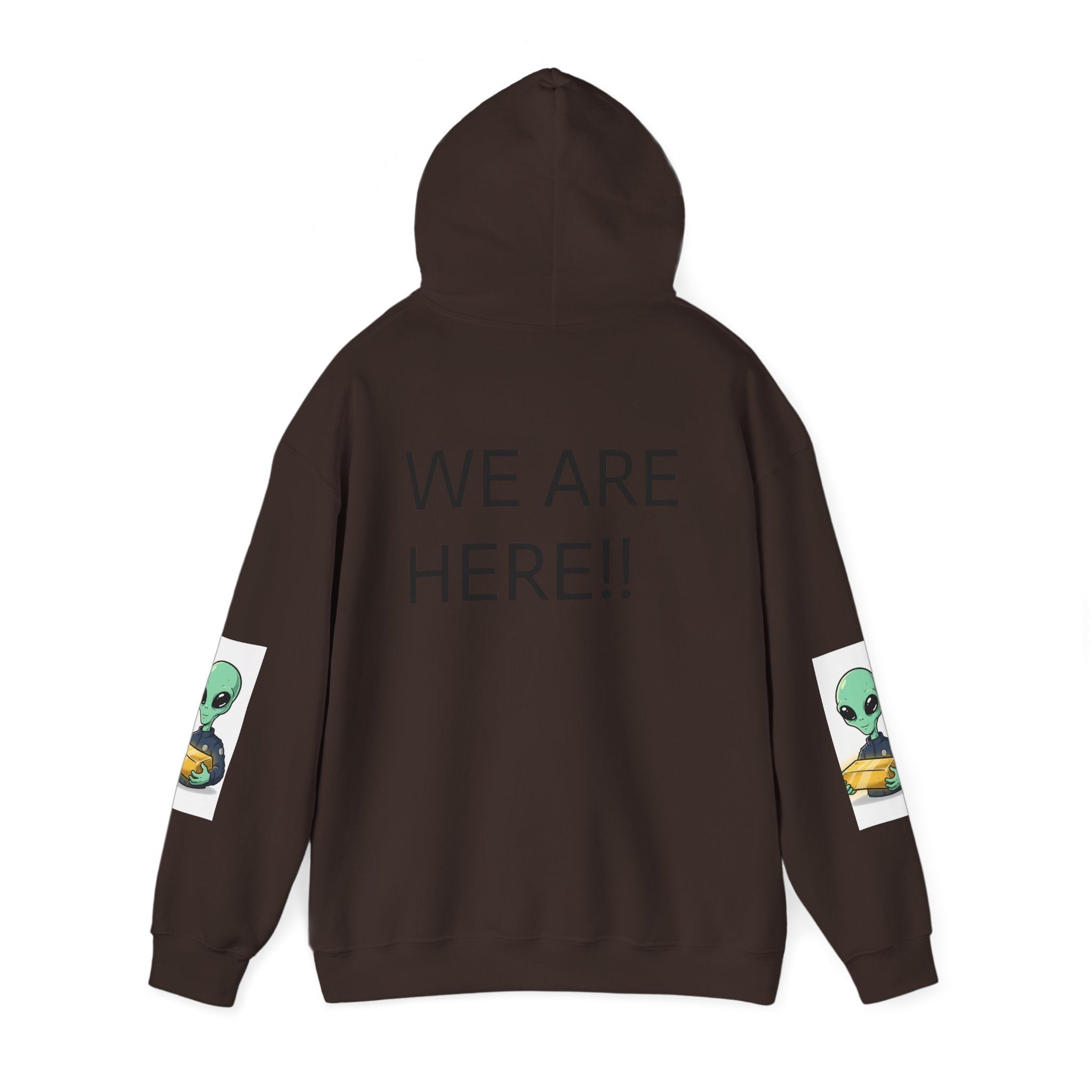 Alien Holding Gold Hoodie — "WE ARE HERE!!" Graphic Sweatshirt