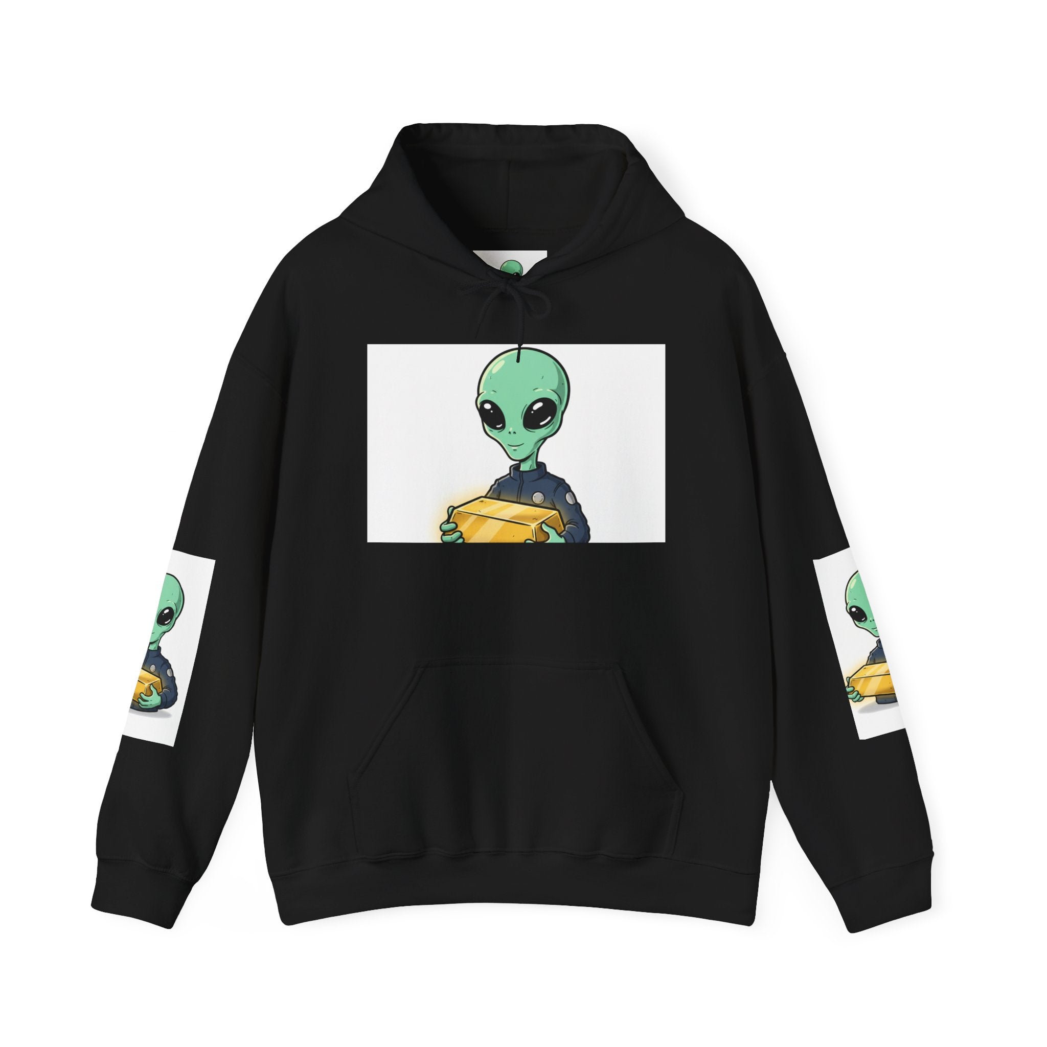 Alien Holding Gold Hoodie — "WE ARE HERE!!" Graphic Sweatshirt
