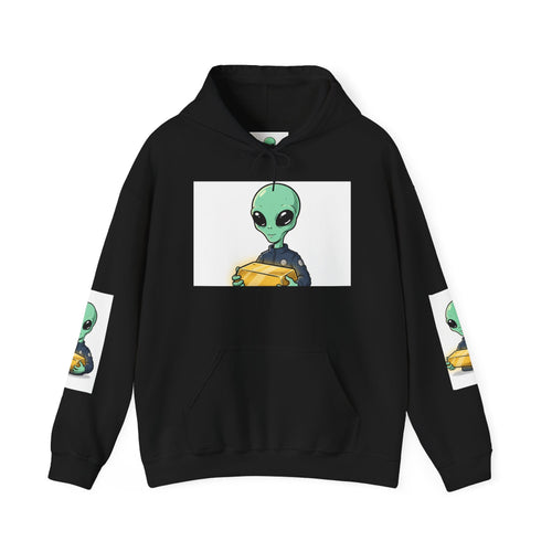 Alien Holding Gold Hoodie — "WE ARE HERE!!" Graphic Sweatshirt