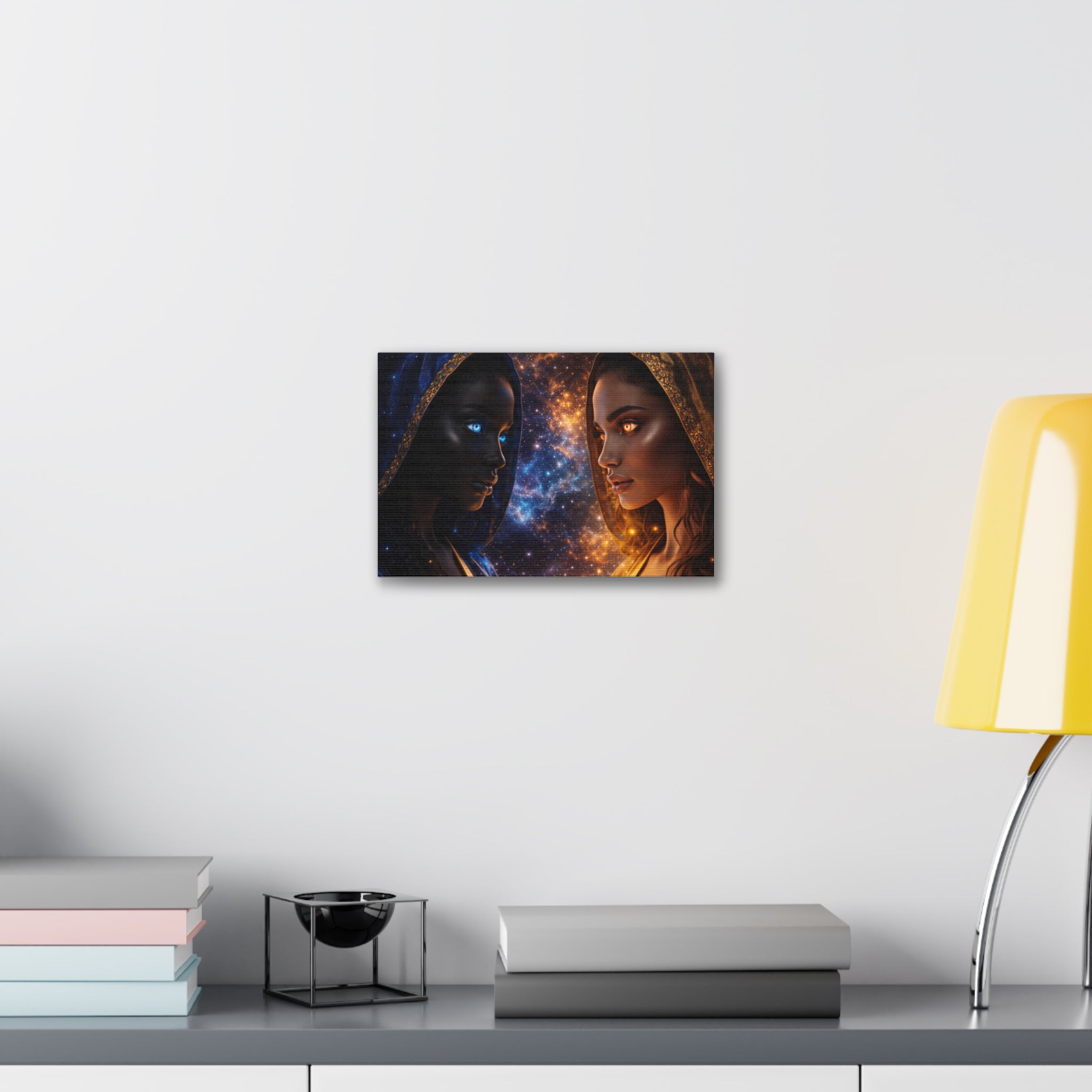 Duality Portrait Canvas Print — Sun & Moon Cosmic Women Stretched Wall Art
