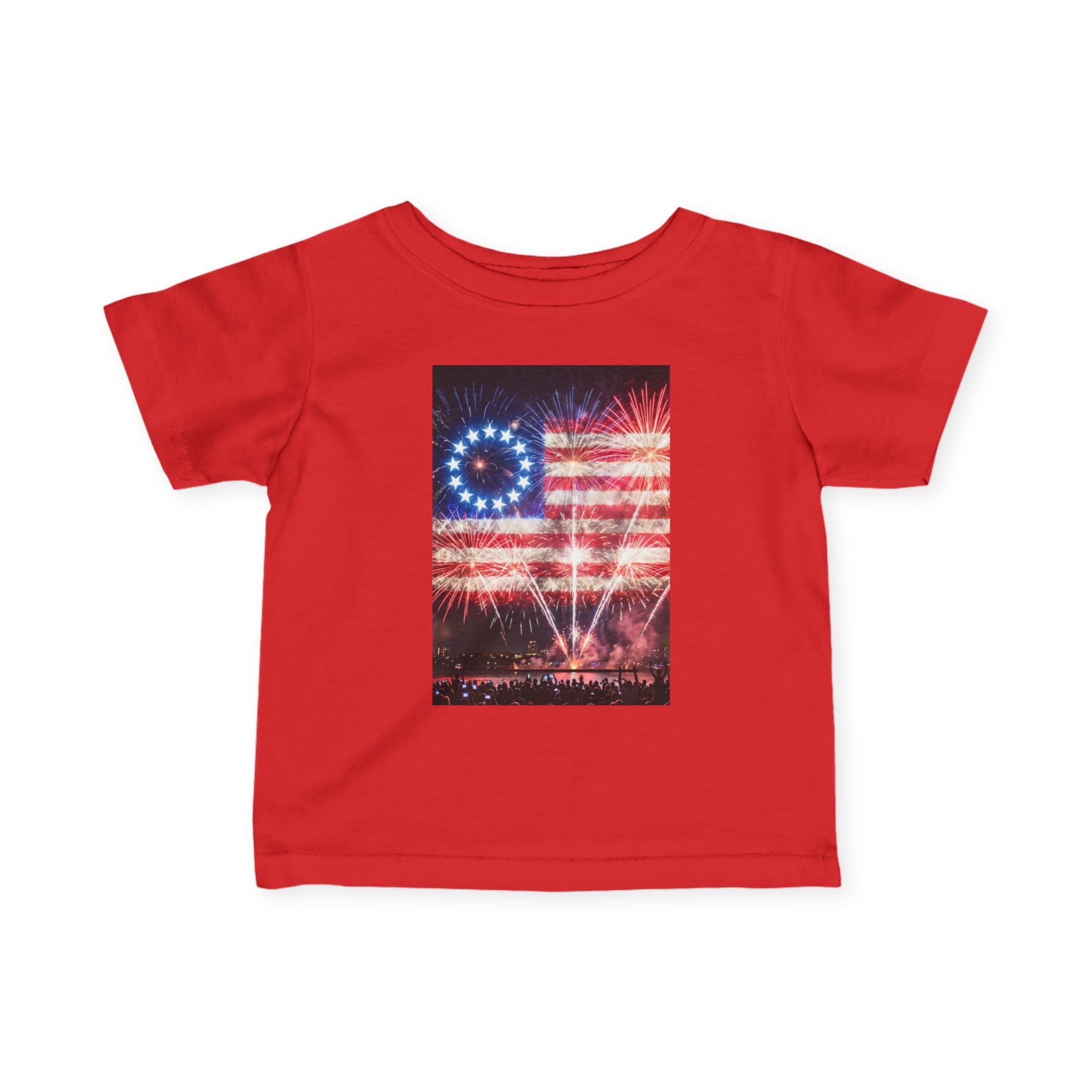 Infant Tee — Vintage Fireworks American Flag Graphic (4th of July Baby Shirt)