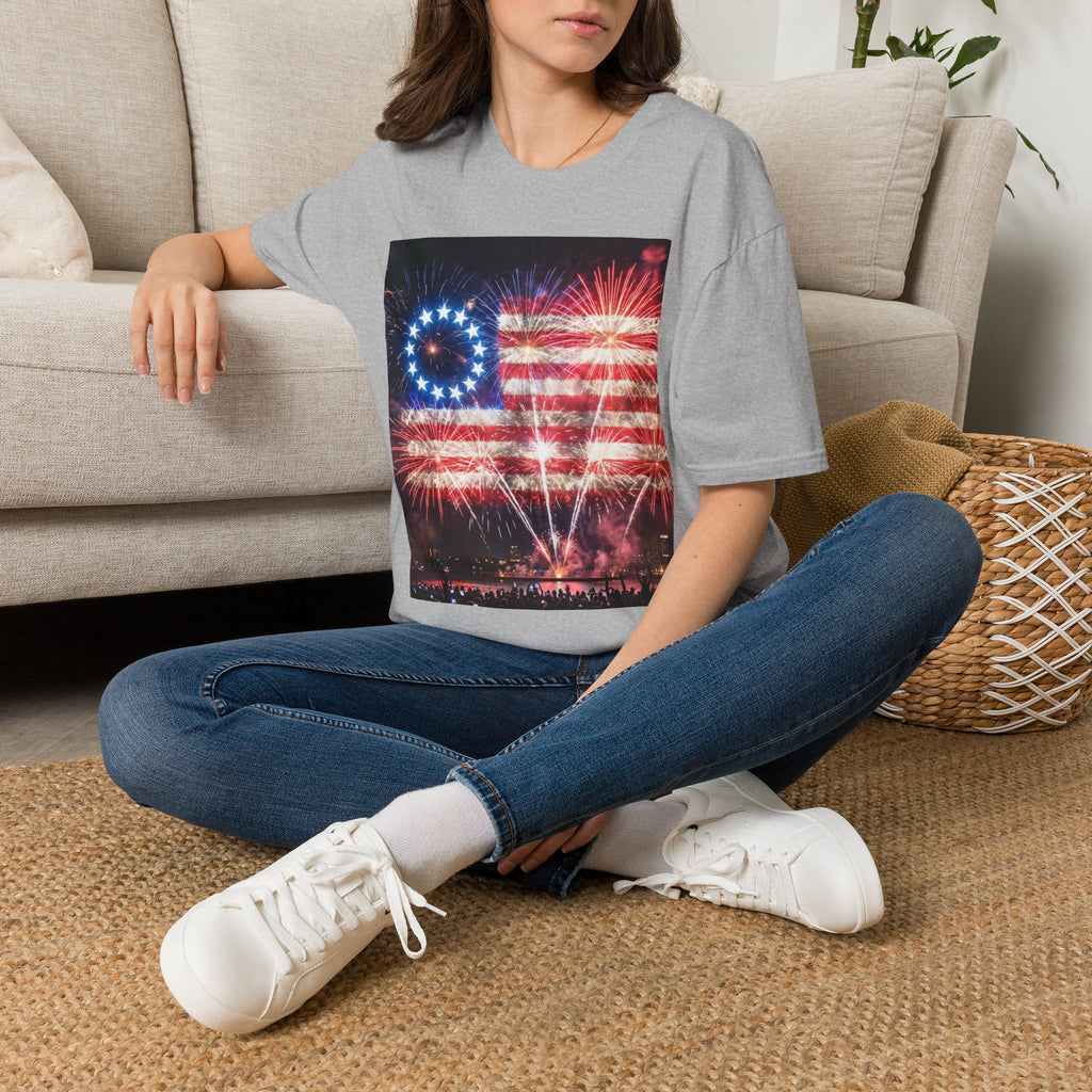 American Flag Fireworks T-Shirt — Betsy Ross Stars & Stripes Patriotic Tee for 4th of July