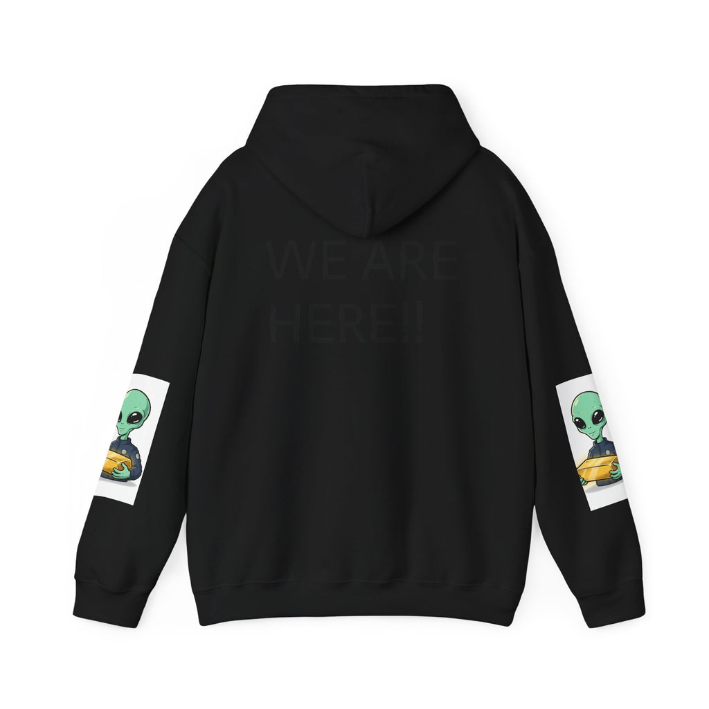 Alien Holding Gold Hoodie — "WE ARE HERE!!" Graphic Sweatshirt