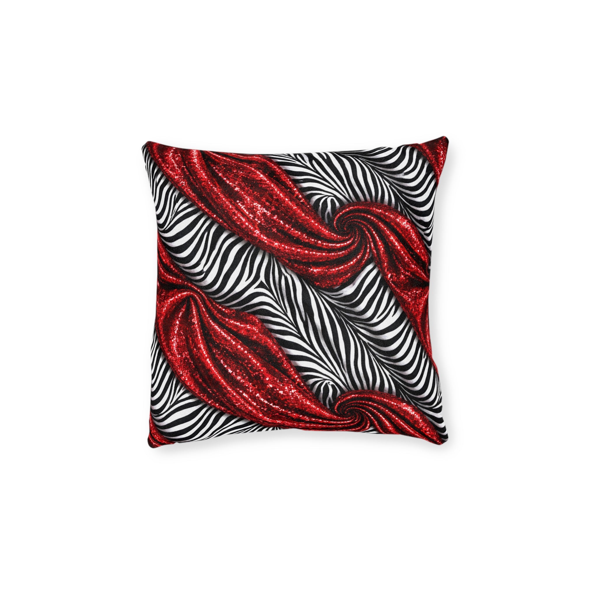 Red Glitter Lips Zebra Throw Pillow — Glam Decorative Square Pillow