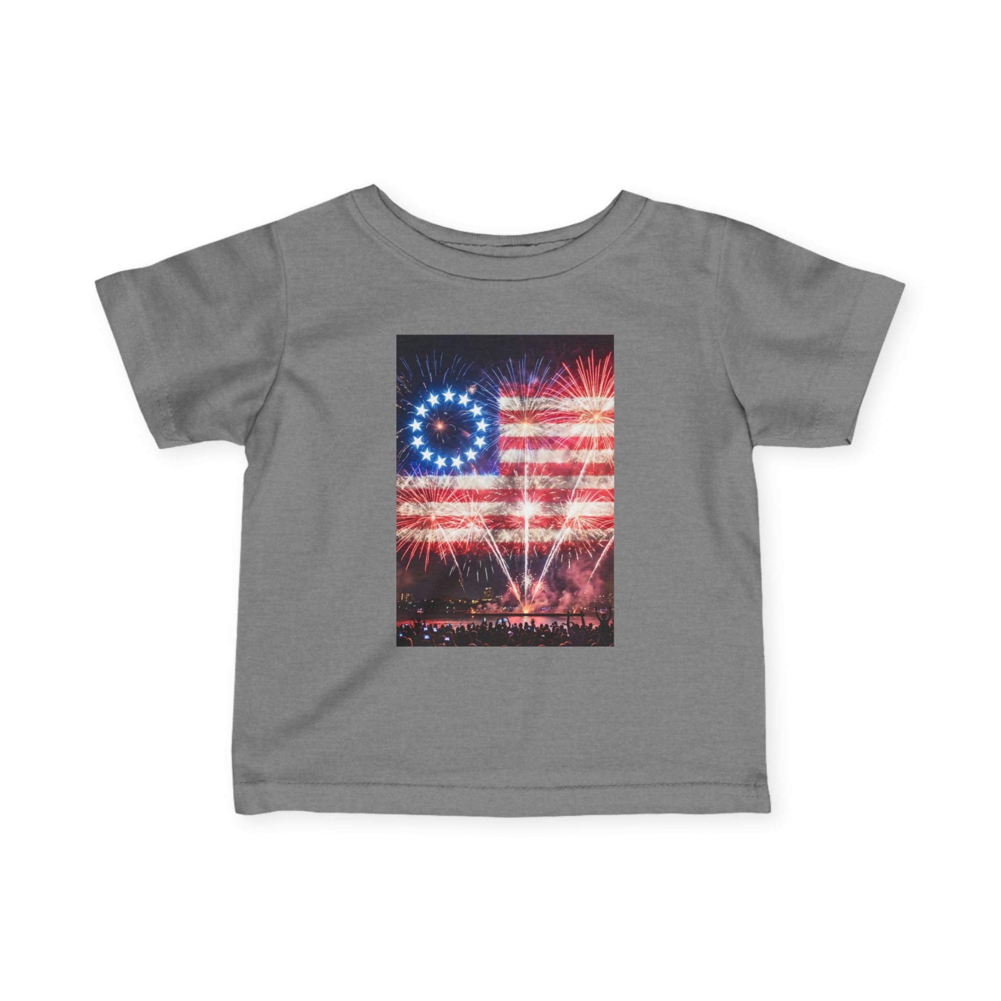 Infant Tee — Vintage Fireworks American Flag Graphic (4th of July Baby Shirt)
