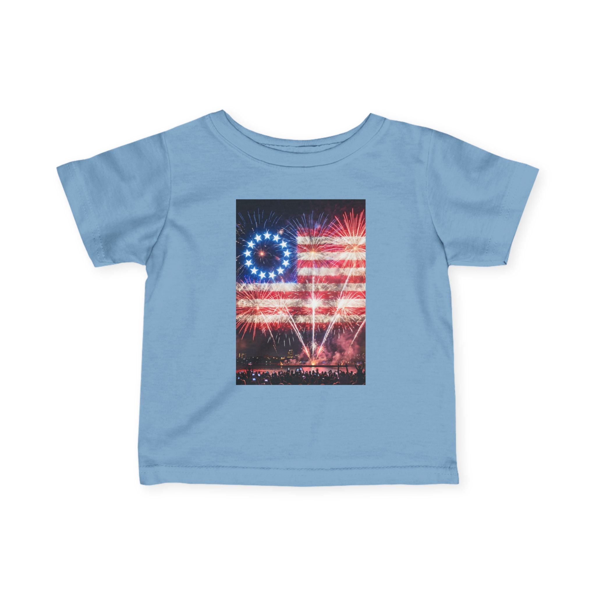 Infant Tee — Vintage Fireworks American Flag Graphic (4th of July Baby Shirt)