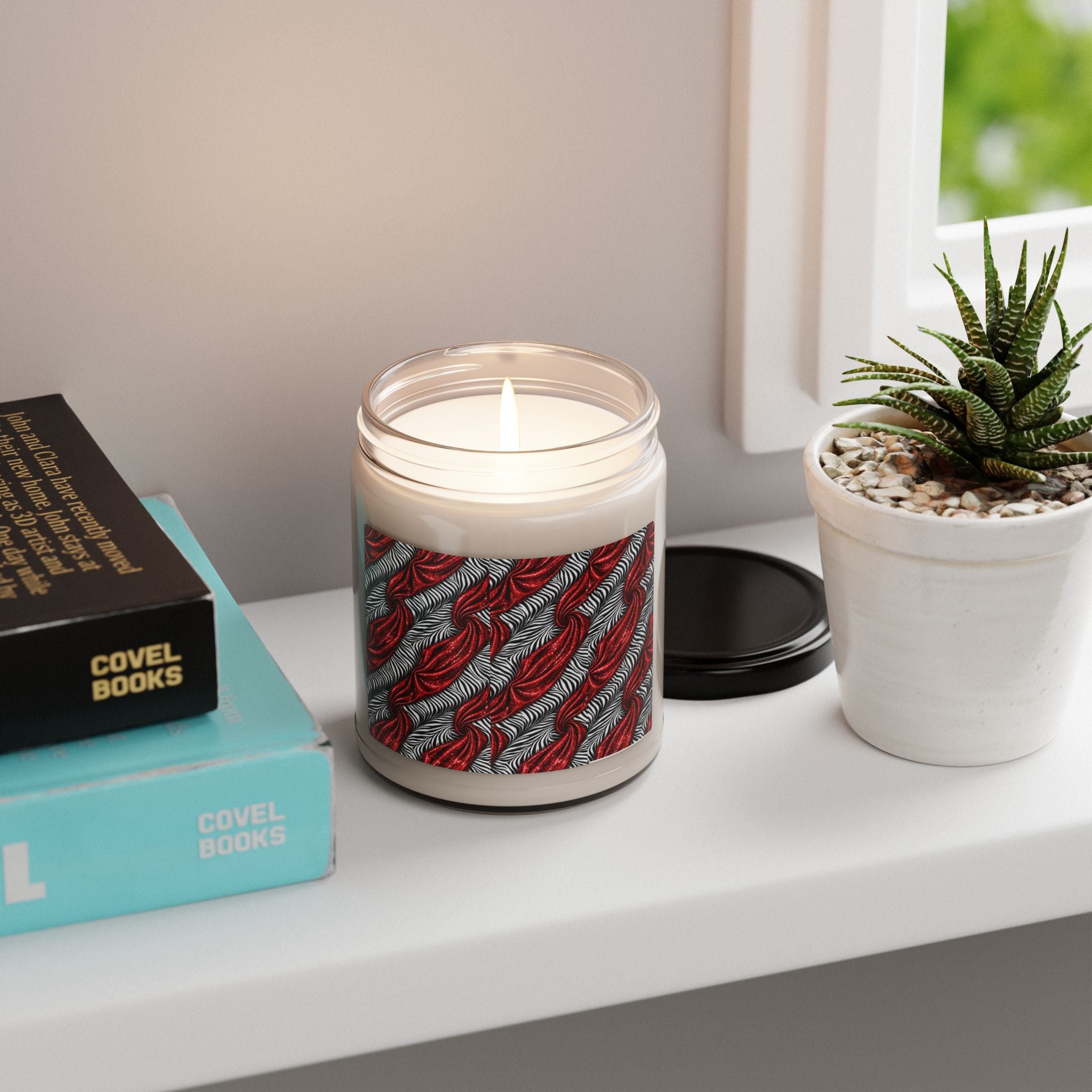 Red & Gray Feather Pattern Soy Candle — 9oz Scented Jar